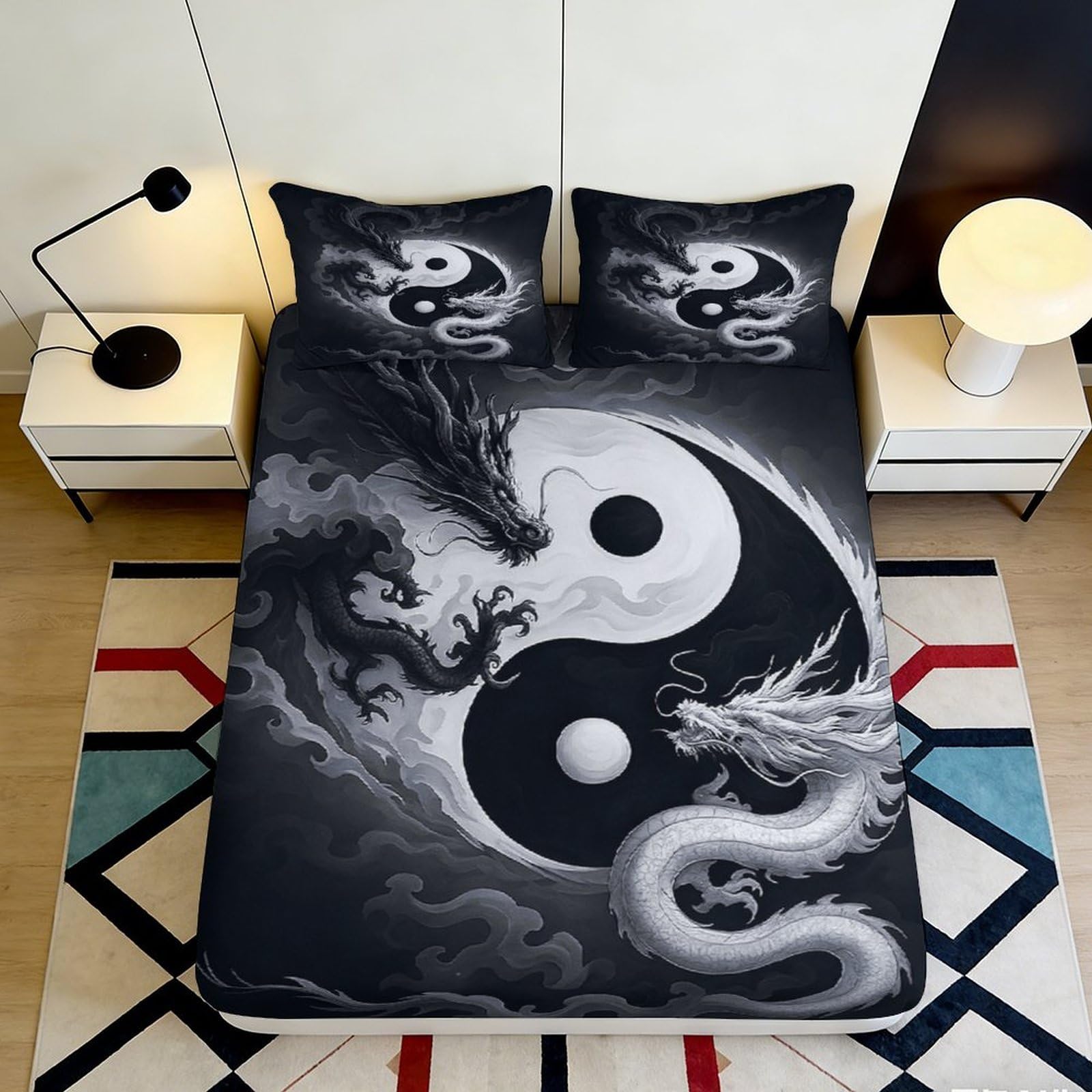 3D Printed Yin Yang Dragon Fitted Sheet Microfiber Soft Durable 3D Printed Yin Yang Bed Cover for Bedroom Dormitory Guest Room Mattress Protection 160x200x25cm