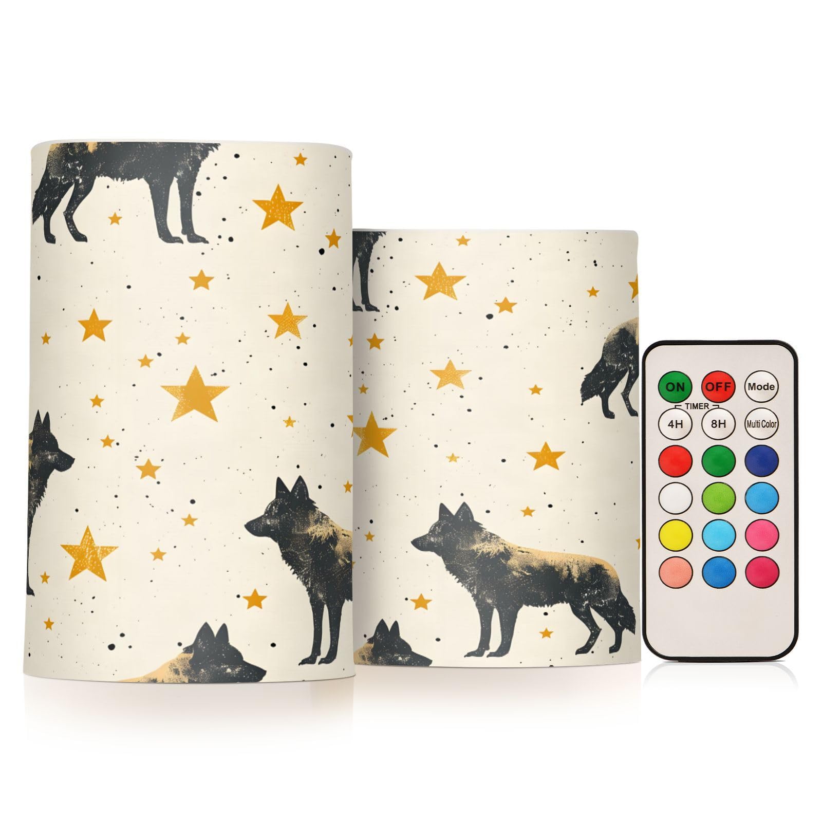 Wolf Yellow Stars Flickering Flameless Candles Battery Operated with Remote Timer,Tea Light Candles LED Pillar Votive Candles set of 2 for Outdoor Indoor Decorations38