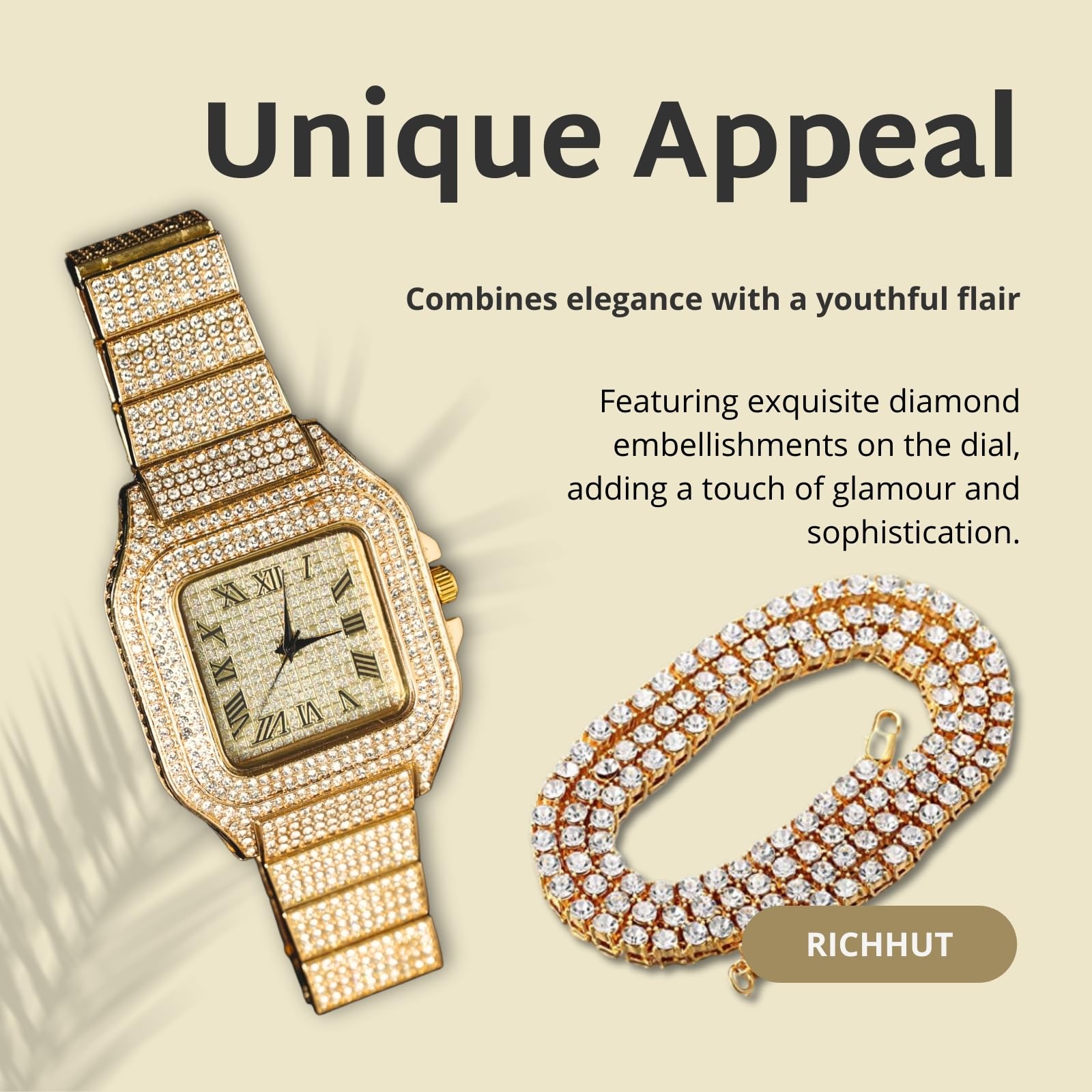 Reloj de diamantes para hombre y hombre, esfera cuadrada, pulsera de 20 mm de ancho, chapado en oro real/oro blanco de 18 quilates, chapado en platino, con juego de cadena de tenis opcional