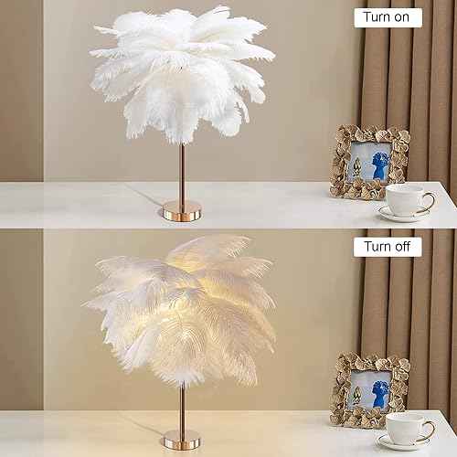 Miniatura 5 de Lámpara de mesa de plumas de avestruz con cable enchufable, lámpara de noche moderna de 5 luces, cuerpo dorado para mesita de noche de dormitorio,
