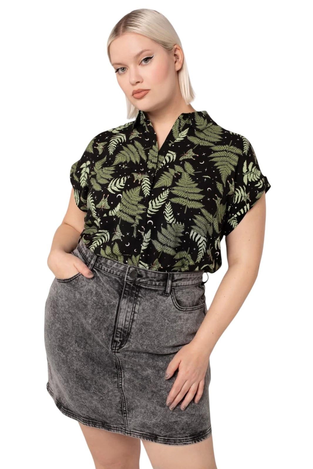 Hell Bunny Gaia Shirt Donna Camicia Maniche Corte verde/nero 100% viscosa Regular