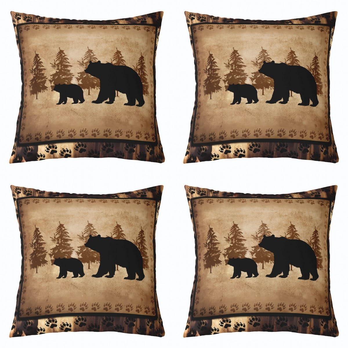Bear Throw Pillow Covers 20"x20" Set of 4 Soft Wild Animal Cushion Covers for for Couch Sofa Rustic Cabin Country Nature Wildlife Bear Tree Yellow