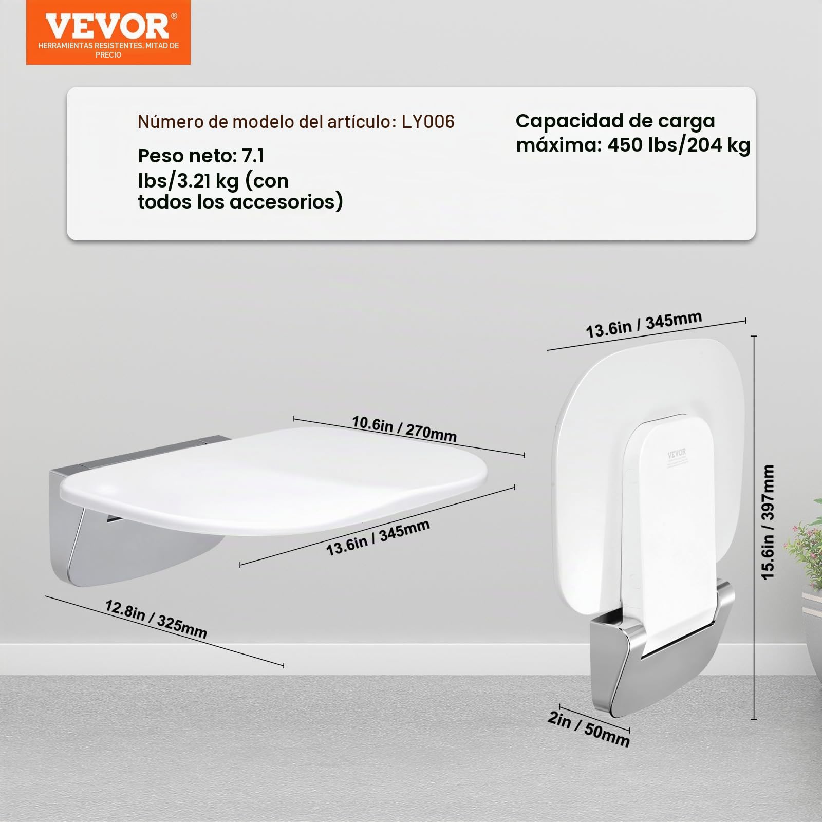 VEVOR Asiento de Ducha Plegable de Urea-formaldehído, 345 x 325 mm Desplegado, Montado en la Pared con Capacidad de Carga de 204 kg, Que Ahorra Espacio para Personas Mayores, Niños y Adultos, Blanco
