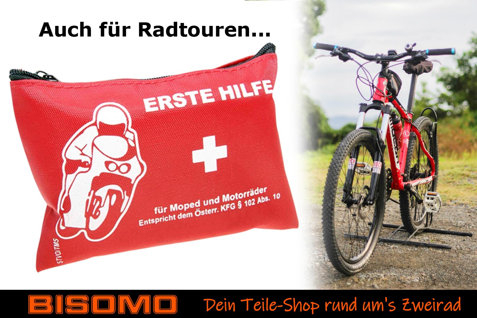 Erste-Hilfe-Set, Mini Verbandtasche für Motorrad Moped Roller Quad Fahrrad, klein + kompakt, Verbandskissen 85 x 115 x 50mm, 10-teilig 