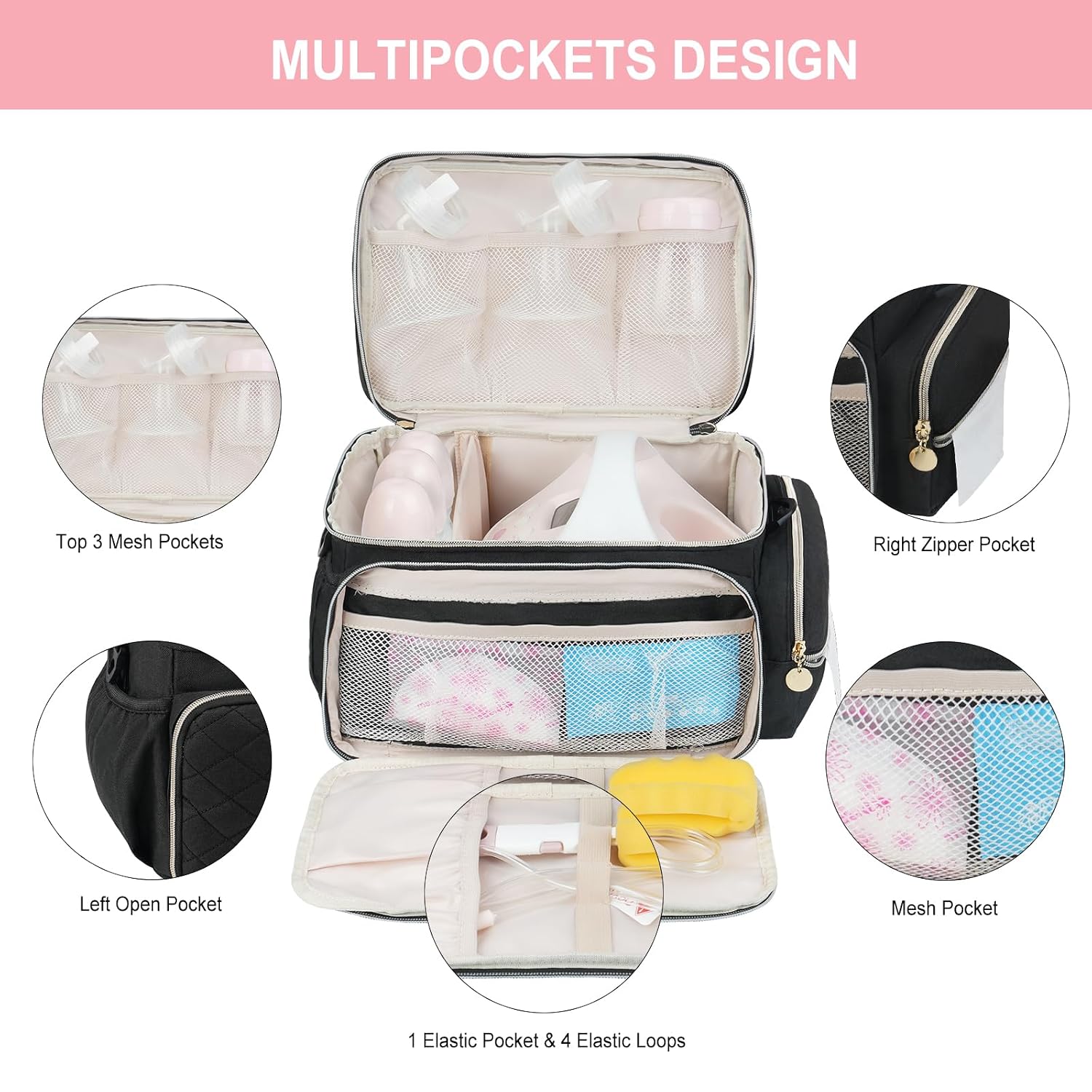Breast Pump Bag Compatible with Spectra S1 and S2, Breast Pumping Travel Storage Bag with Waterproof Mat for Pumping Essentials and Accessories, Black