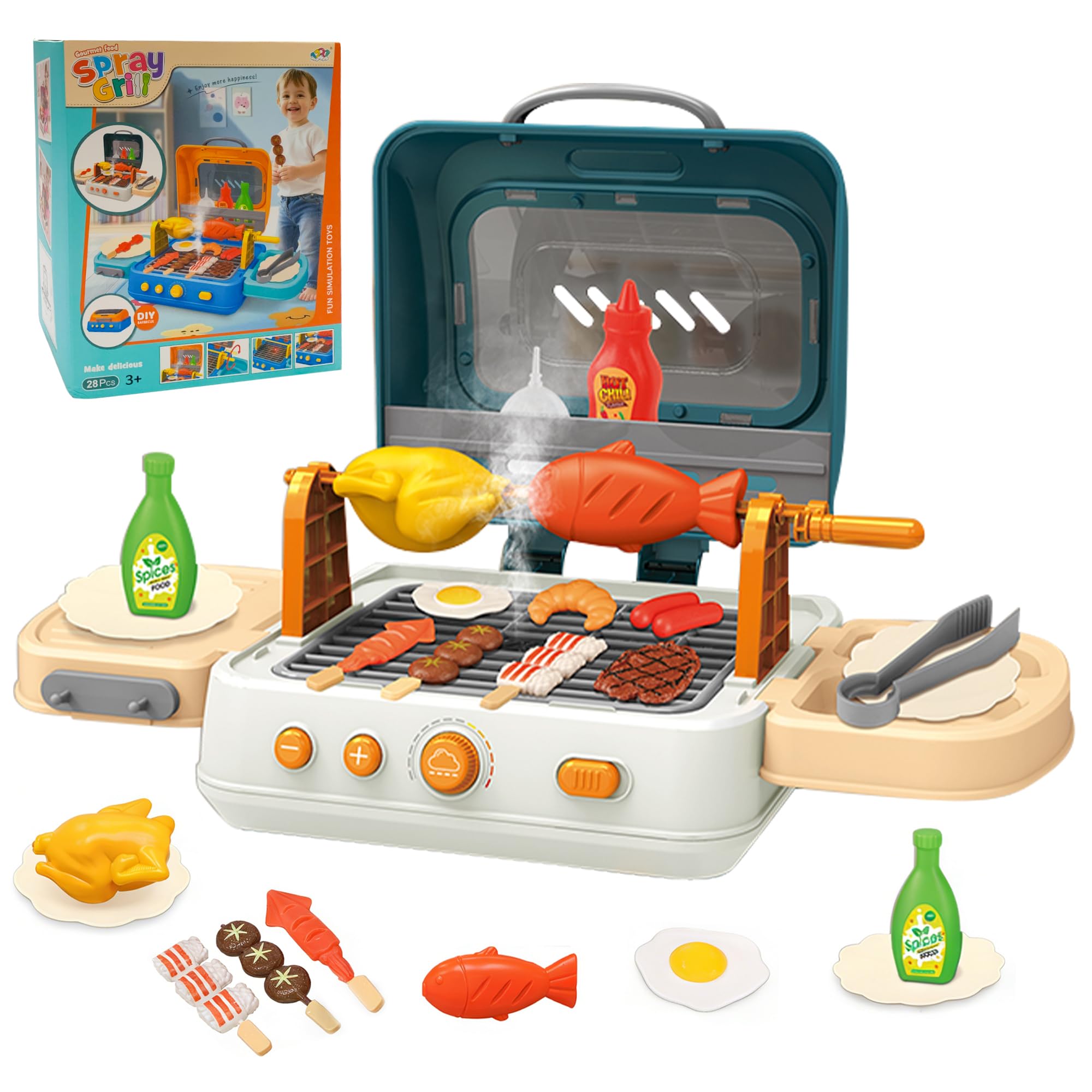 CATCHLUCK Kids BBQ Grill Toys Set Play Kitchen Set for Kids Kitchen Grill Toys with Accessorie & Realistic Smoke/Sound/Light Play Toys for 3 4 5 Year Old Girls Boys Gifts (Green-1)