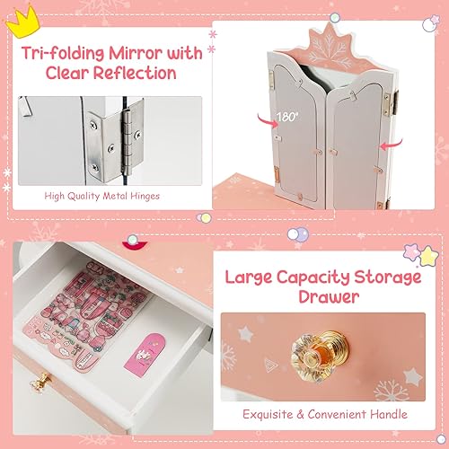 Miniatura 38 de Costzon Juego de mesa de tocador y silla para niños con espejo, taburete, cajón de almacenamiento, tocador de madera de princesa para niñas