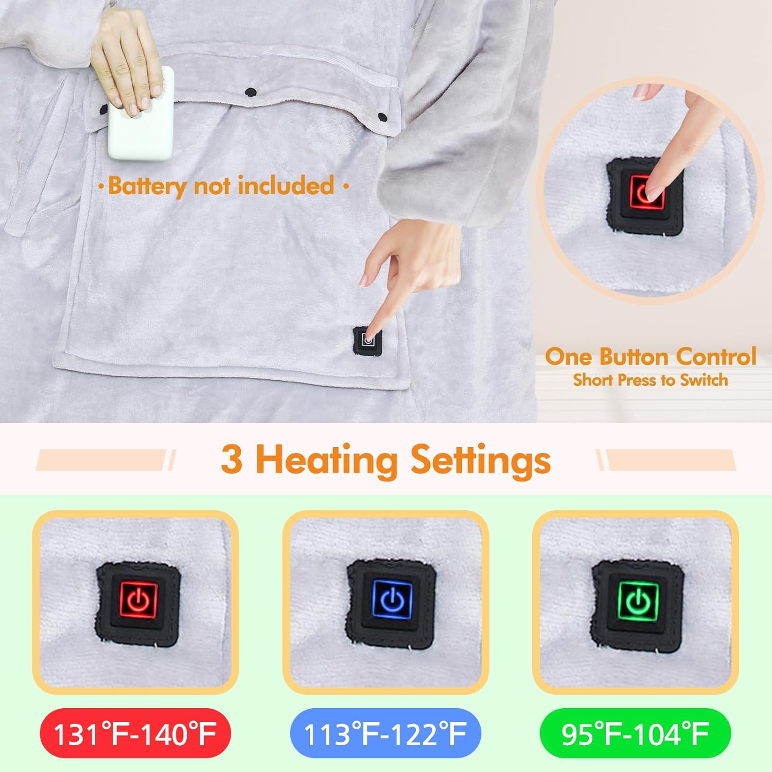 FirstE Wearable Heated Blanket Hoodie, Portable USB Heated Hoodie Blanket, Comfy Electric Wearable Hooded Sweatshirt for Women Adults Outdoor Indoor Warm,Large Pocket,3 Heating Levels,3h Auto Shut-off - Image 2