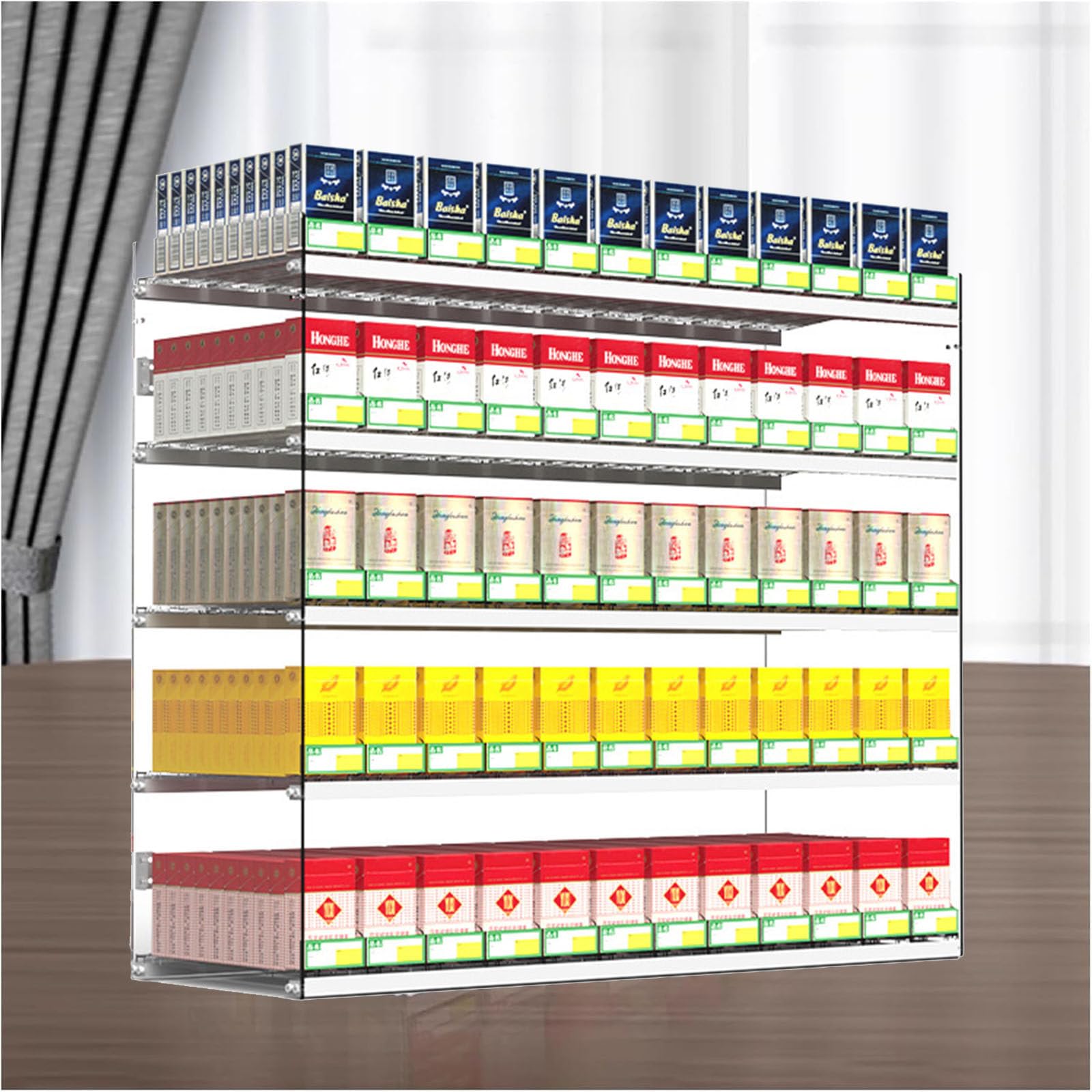 Generico Espositore per Sigarette a più Livelli, Ideale per Negozi al Dettaglio, con Sistema Automatico di espulsione del Fumo. Espositore in Acrilico per Negozi al Dettaglio, Dimensioni 86x27x35 cm,