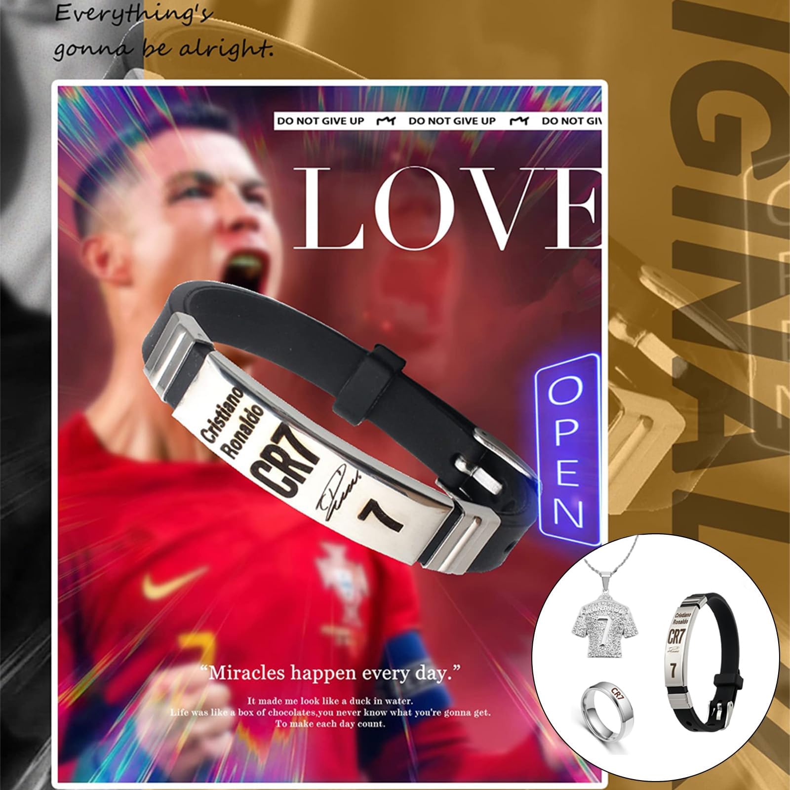 Scinzene Juego de accesorios de fútbol – Anillo CR 7, collar y pulsera para aficionados – Joyas deportivas para jugadores y colgantes