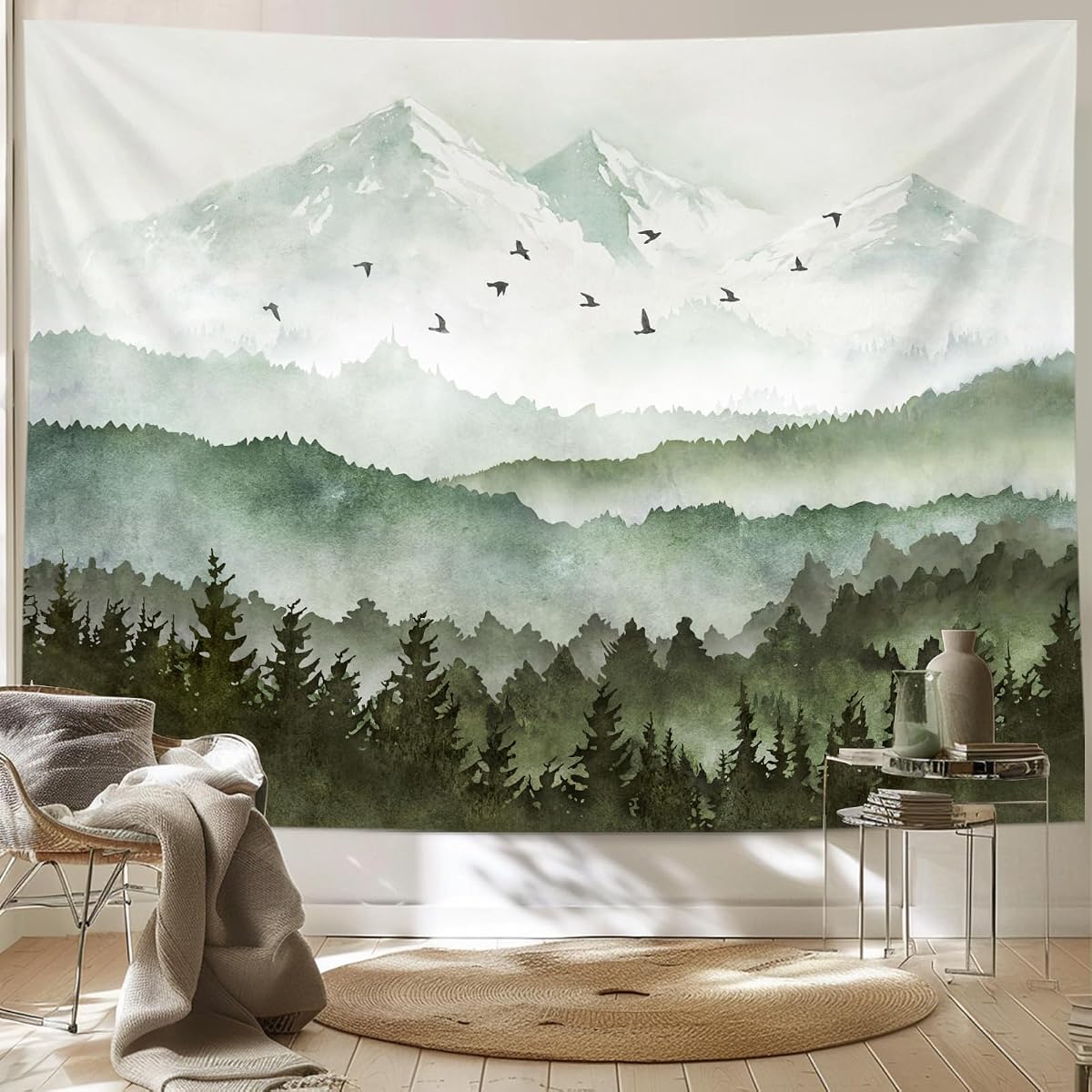 Kampdream Tapiz de bosque de montaña, tapiz de pared con paisaje de acuarela brumoso y niebla, tapiz de paisaje natural para dormitorio, sala de estar, telón de fondo, azul verde azulado, 35.8 x 47.6 in