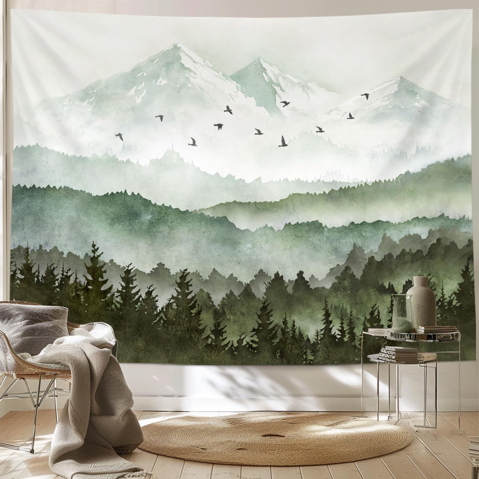 kampdream Mountain Forest Tapestry, Misty Foggy Watercolor Scenery Art Wall Tapestries, Nature Scenery Tapestry for Bedroom Living Room Backdrop Sage