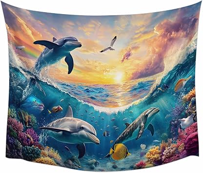 QueenKer Summer Ocean Tapestry Dolphin Wall Art for Living Room Sunset Decorative Tapestries Dreamy Underwater World Tapestry Wall Hanging for Dorm Bedroom Home Decor 59" x 79