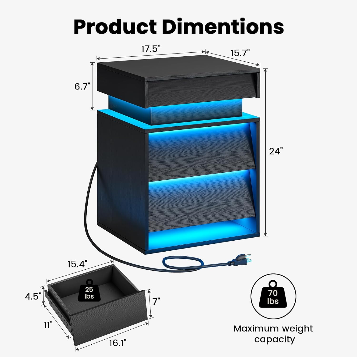 LED Nightstand with Charging Station, Modern Night Stand with Sliding Top & 2 Slanted Drawers, Wood Bedside Table End Side Table for Bedroom, Living Room, Office, Black
