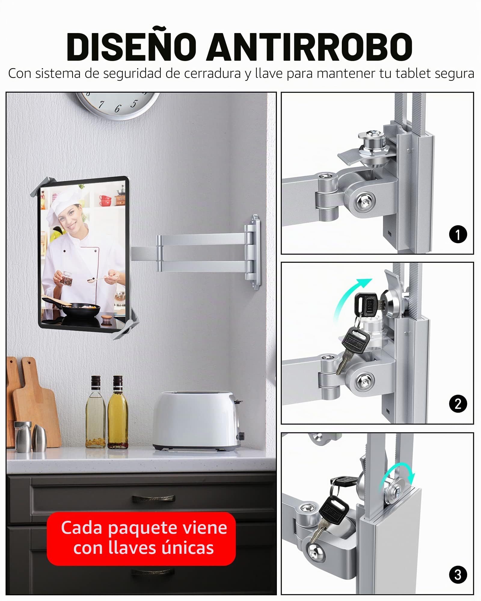 AboveTEK Soporte de Pared para Tablet Antirrobo - Compatible con Tablets de 7 a 11 Pulgadas, Incluyendo iPad, Galaxy Tab, Slate, Fire y Más - Brazo Largo Articulado Ajustable con Rotación (Plata).