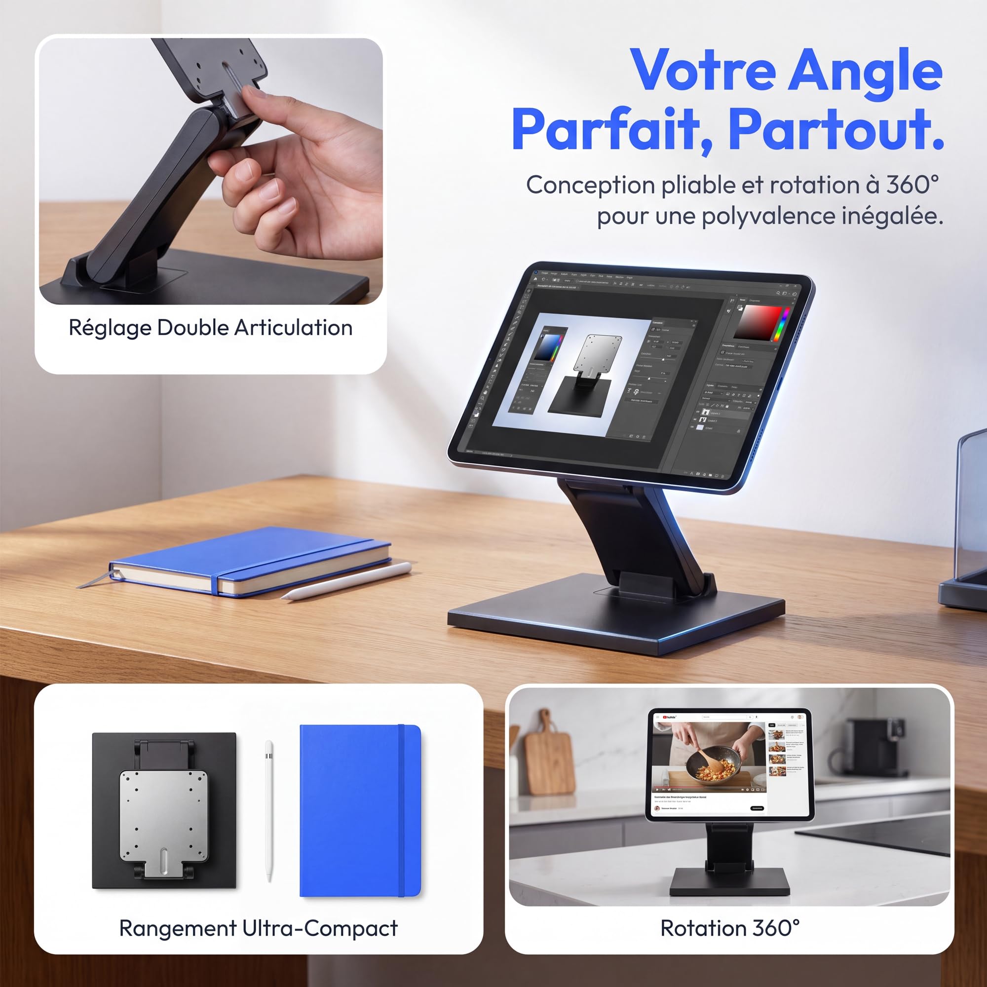 bimiti Supporto per schermo piatto pieghevole supporto monitor LCD | regolabile in metallo, foro VESA 75 x 75 mm/100 x 100 mm, compatibile con schermi da 10 – 27 pollici, nero