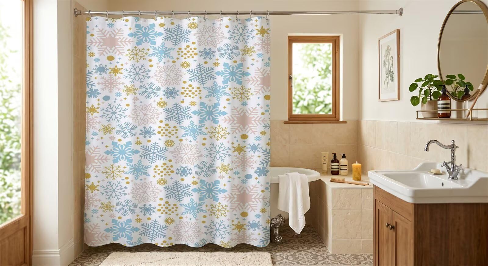 Rideau de douche 120x180 cm bleu et rose à flocons pour salle de bain