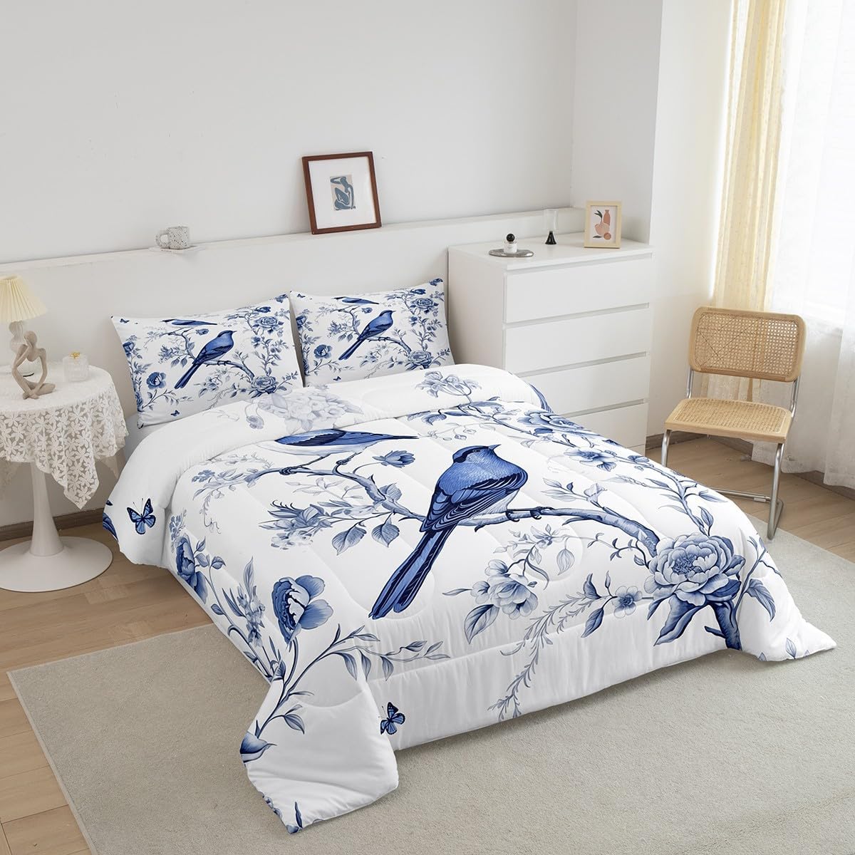 Erosebridal Spring Garden Queen Comforter Set Cute Birds Animal Wildlife Bedding Sets,Girly Rose Floral Down Comforter White Navy Blue Quilted Duvet for Mum,Microfiber