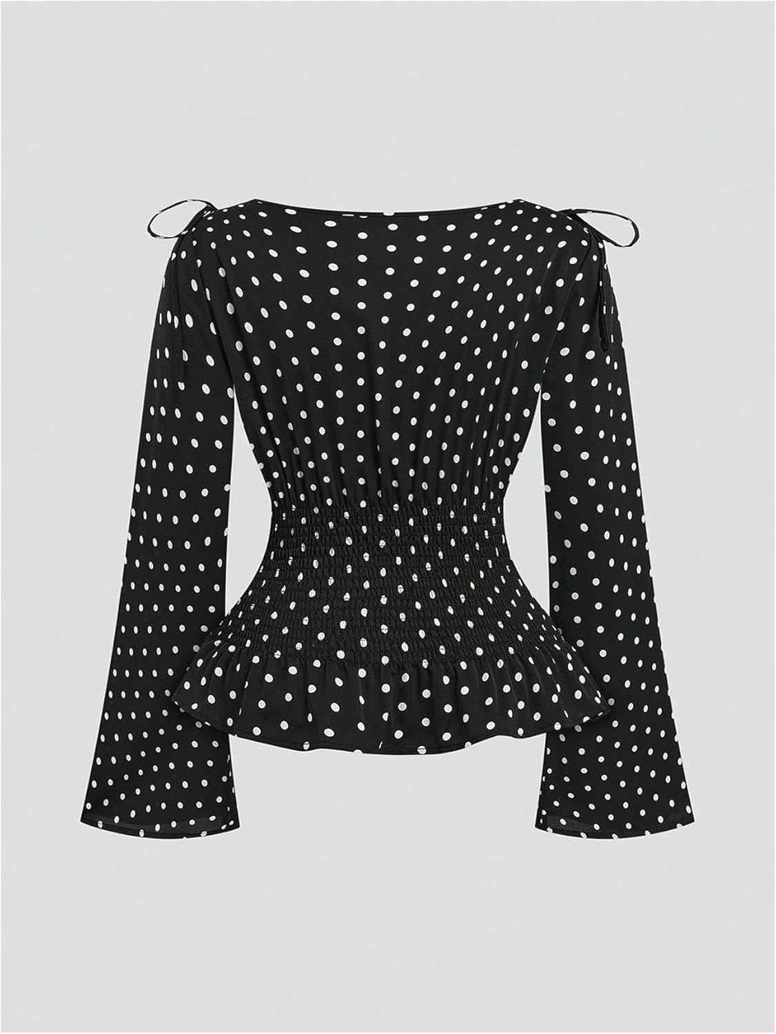 SOLY HUX Women's Plus Size Polka Dots Ruffle Peplum Blouse Bow Long Sleeve Boat Neck Smocked Going Out Tops Shirt - Image 2