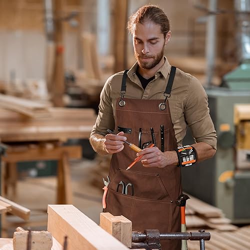 Miniatura 6 de WEARXI Delantales para hombre, delantal de carpintería con bolsillos para herramientas, delantal de trabajo de lona para carpinteros, mecánicos,