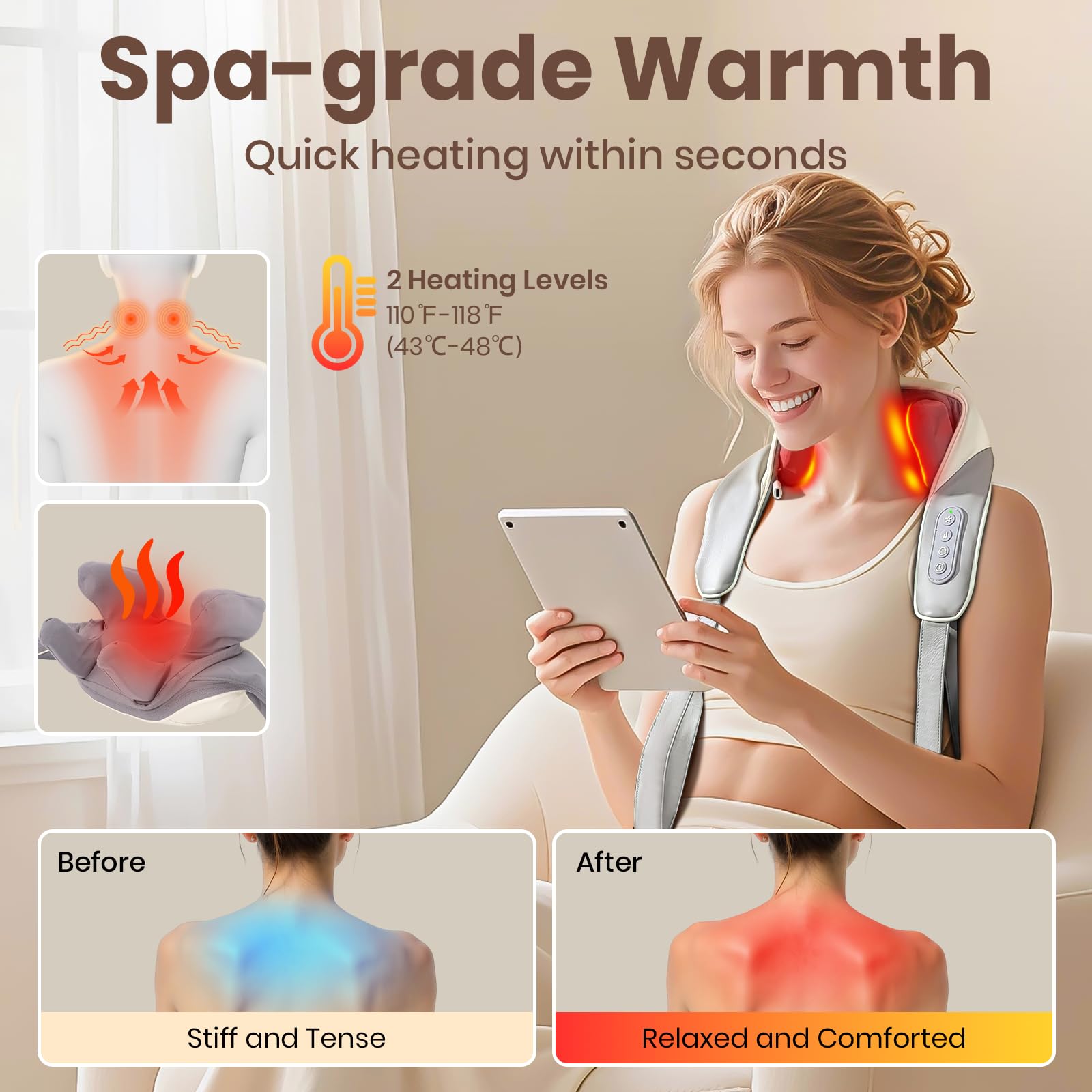 Massaggiatore cervicale senza spazzole con calore, massaggiatore professionale 6D senza fili per alleviare il dolore ai tessuti profondi, massaggiatore ergonomico per spalle e schiena, con 2