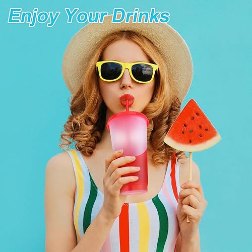 Miniatura 6 de LEIFEOSH Paquete de 24 vasos de plástico con tapas y popote, vasos reutilizables con tapas y pajillas, vasos transparentes para bebidas frías, café