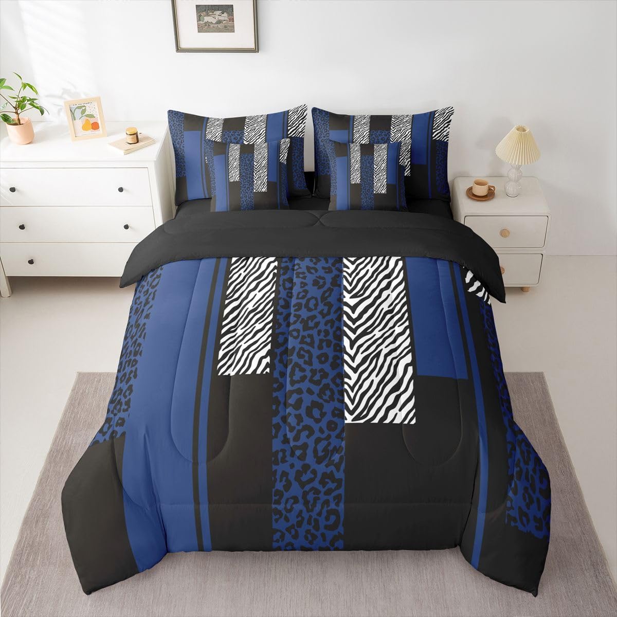 Erosebridal Leopard Print Stripes Blue Black Comforter Set Queen Size 7 Pieces | Geometric Bed in A Bag Zebra Cheetah Wild Animal Skin Bed Set Women Men Adults Bedding