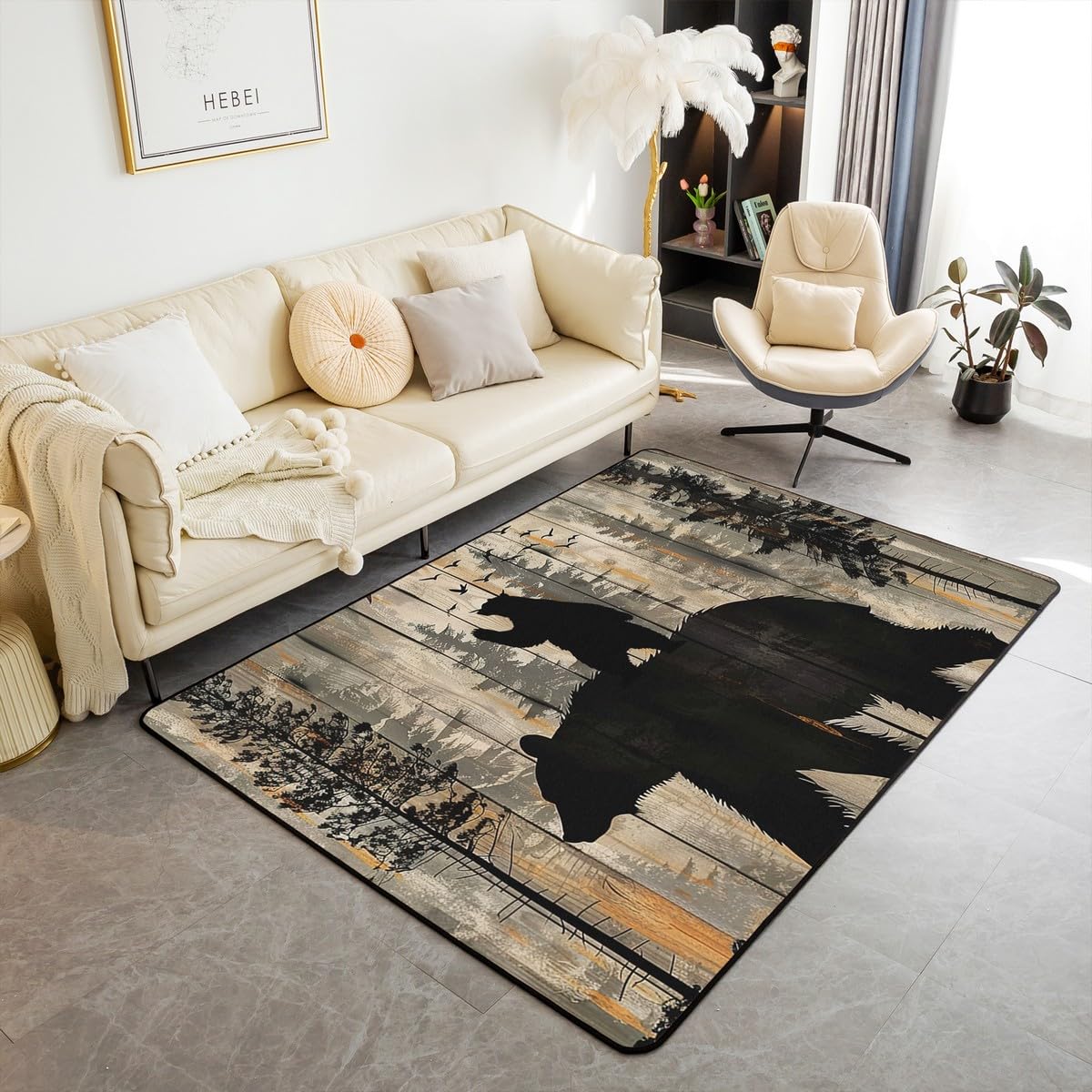 Homewish Rustykalne dywaniki z niedźwiedziem 100 x 150 cm dom wiejski dywan do salonu polowanie dzika przyroda nie gubi włosia dywan, dywaniki do domku wiejskiego