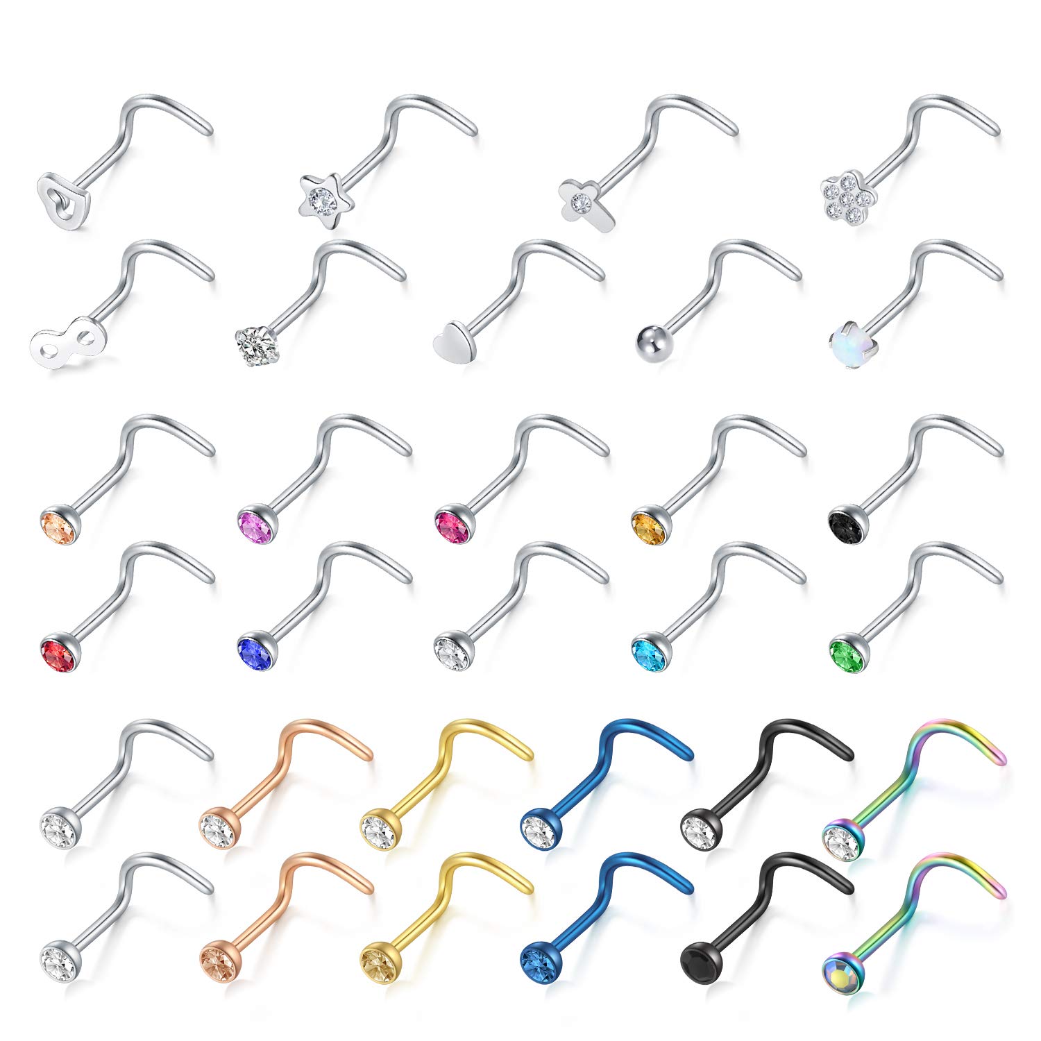 Zolure 20G Pendientes Piercing Nariz Acero Inoxidable Espiral Opal CZ Piercing del Cuerpo 31 Piezas
