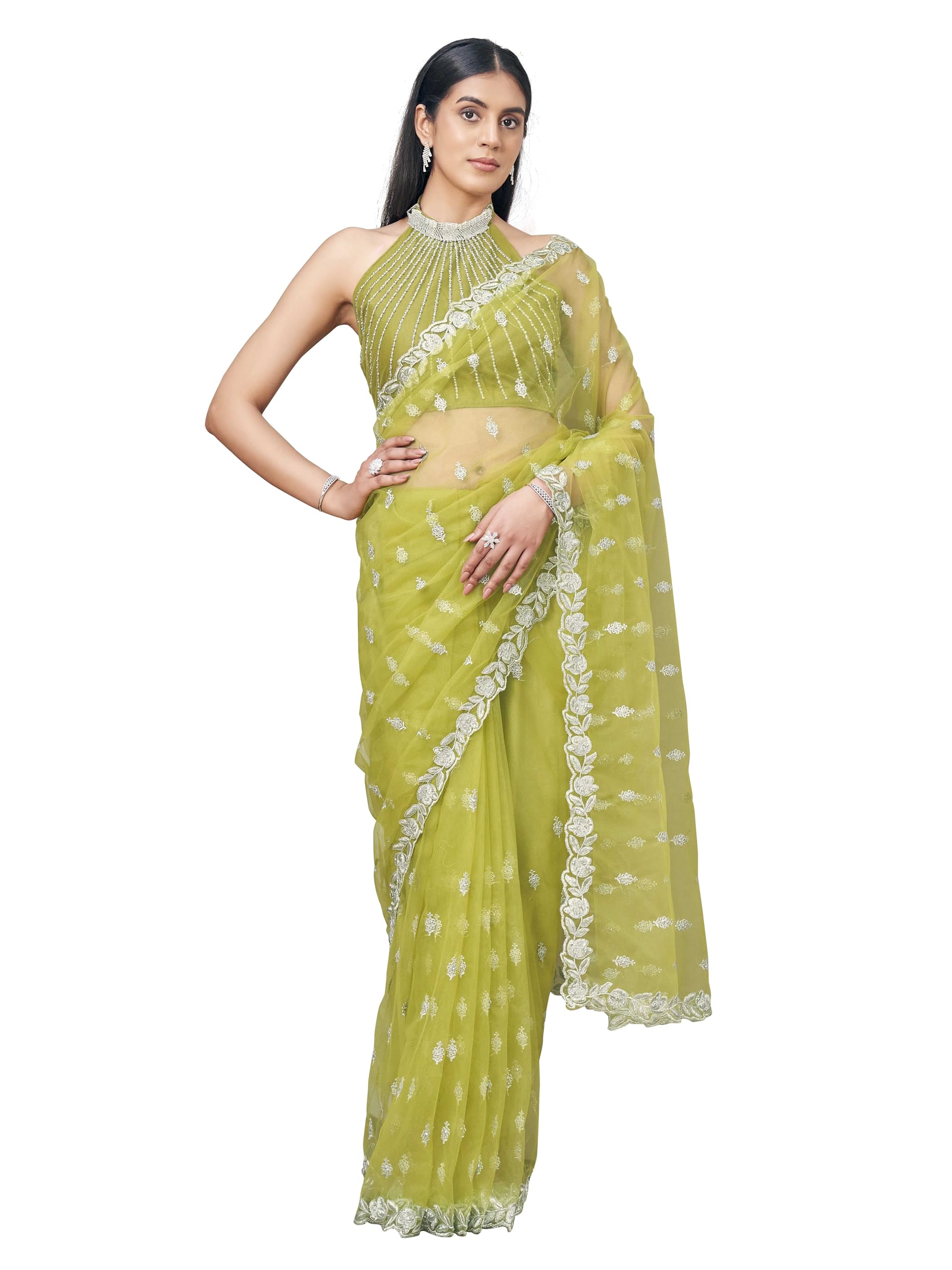 Women's Neon green colored embroidered designer net saree with faux diamond(TI7379_Neon green_Onesize)-image-47