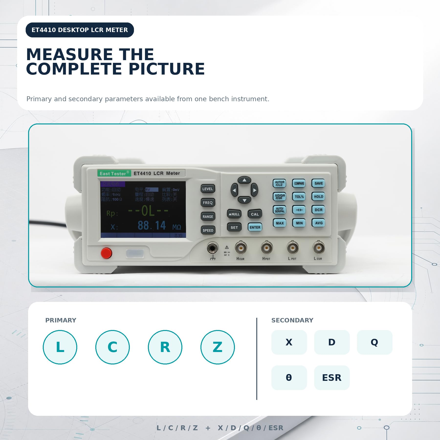 LCR-Messgerät ET4410 100kHz, Tisch-LCR-Messgerät 0,1% Genauigkeit, 16 Messfrequenzpunkte, 3,5 Zoll TFT-LCD, USB/RS232, EU-Stecker für Induktivität Kapazität Widerstand