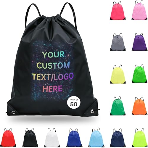 JEOHLORY pack of 50 Custom Bags With Your Logo,Drawstring Backpacks Bulk String Bag,Great for Travelling, Gym and for Everyday Use (Custom black)