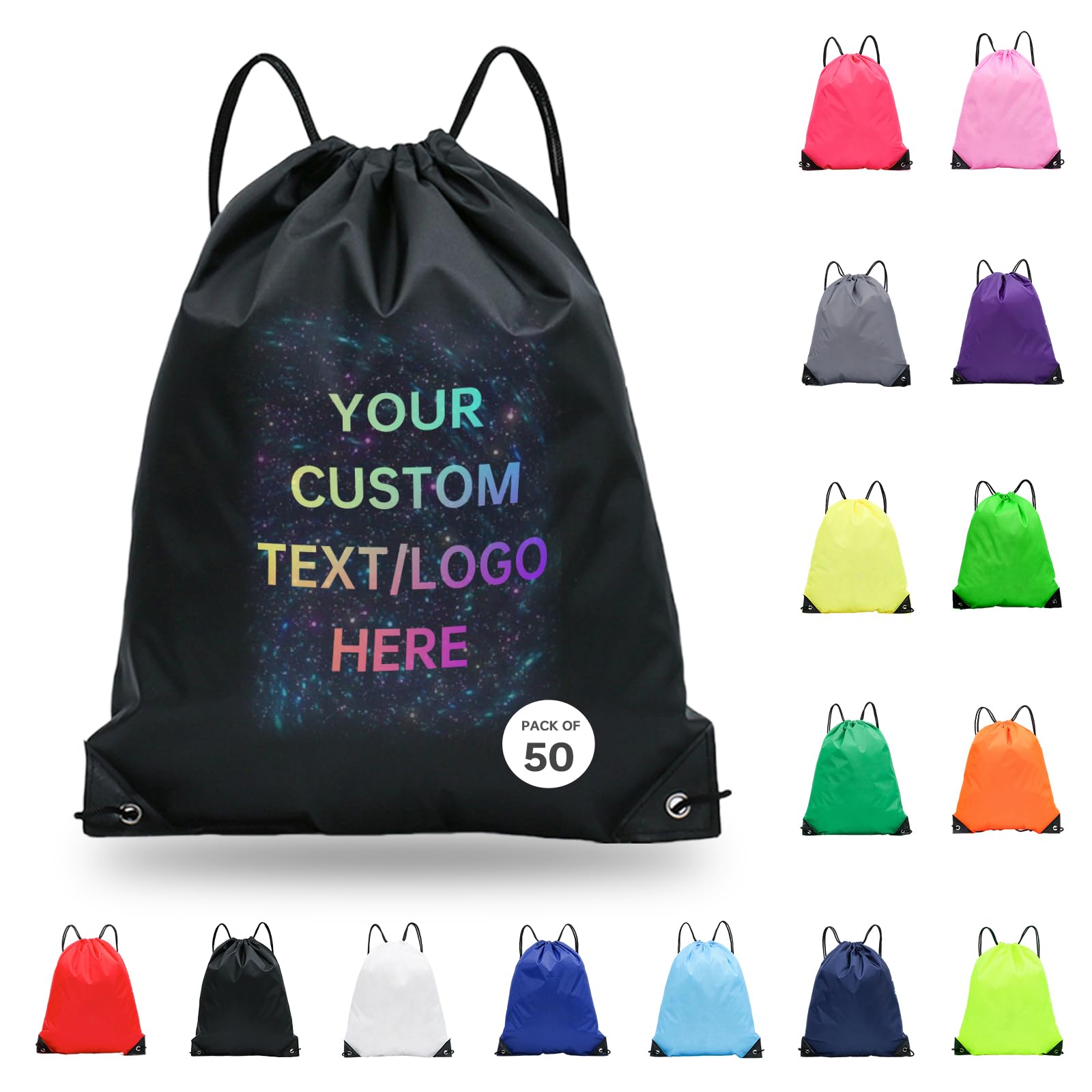 pack of 50 Custom Bags With Your Logo,Drawstring Backpacks Bulk String Bag,Great for Travelling, Gym Custom Black