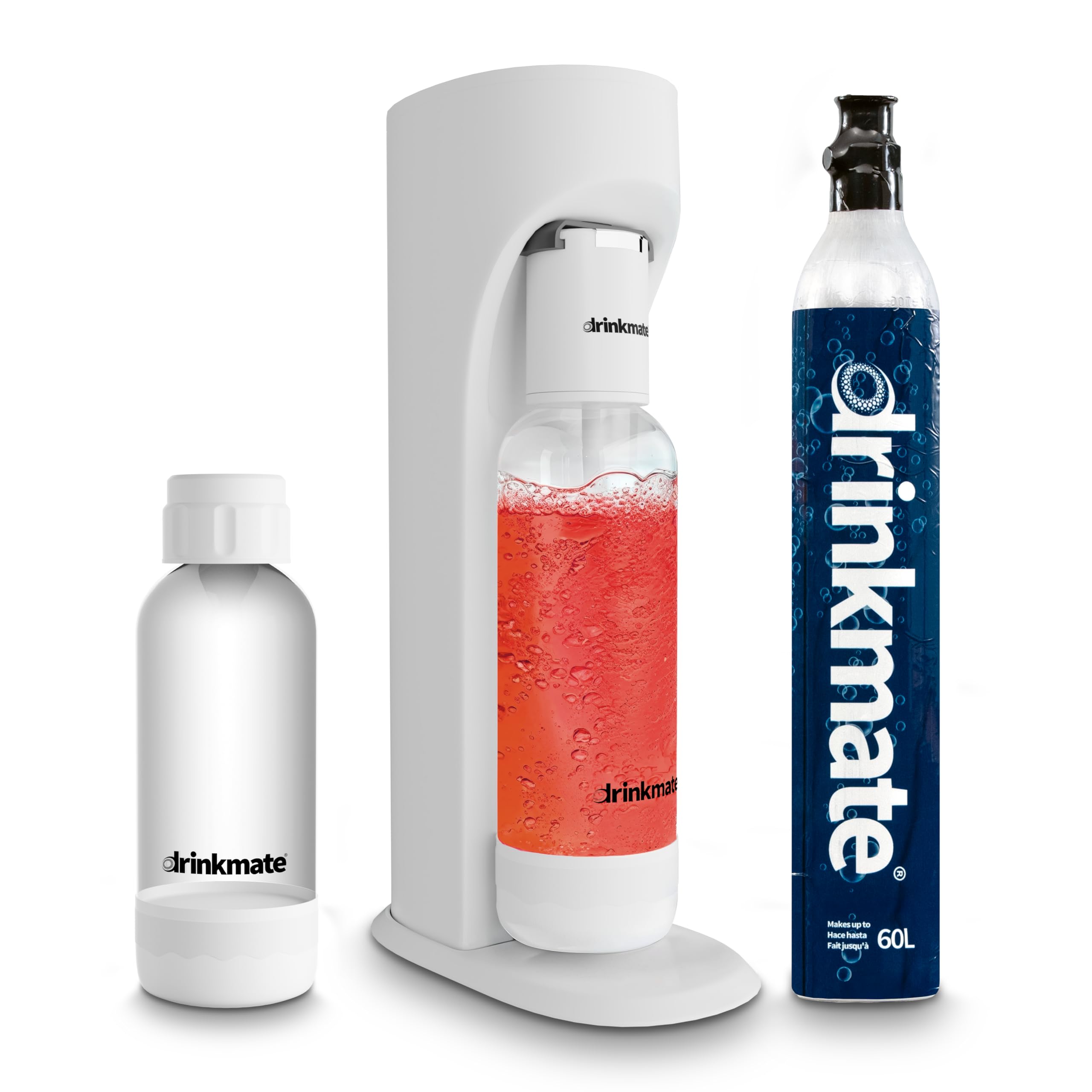 Drinkmate OmniFizz Sparkling Water Maker &amp; Soda Streaming Machine | Carbonates Any Drink | SPECIAL BUNDLE | Includes 60L CO2 Cartridge + Two BPA-Free Bottles (Classic White)