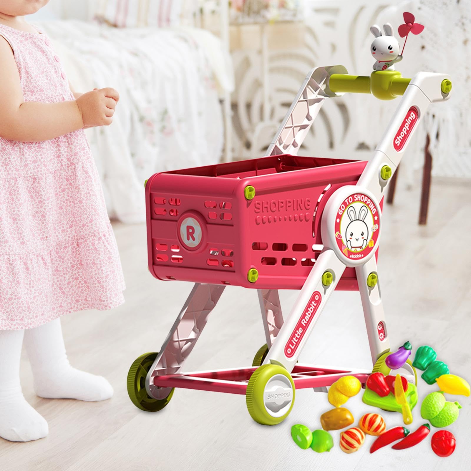 Oshhni Einkaufswagen Kinder Spielzeug Supermarkt Trolley Rollwagen Lebensmittel Zubehör Abnehmbarer Cartoon Figur DIY für Rollenspiel für Lernen Dekoration F, mit Spielzubehör