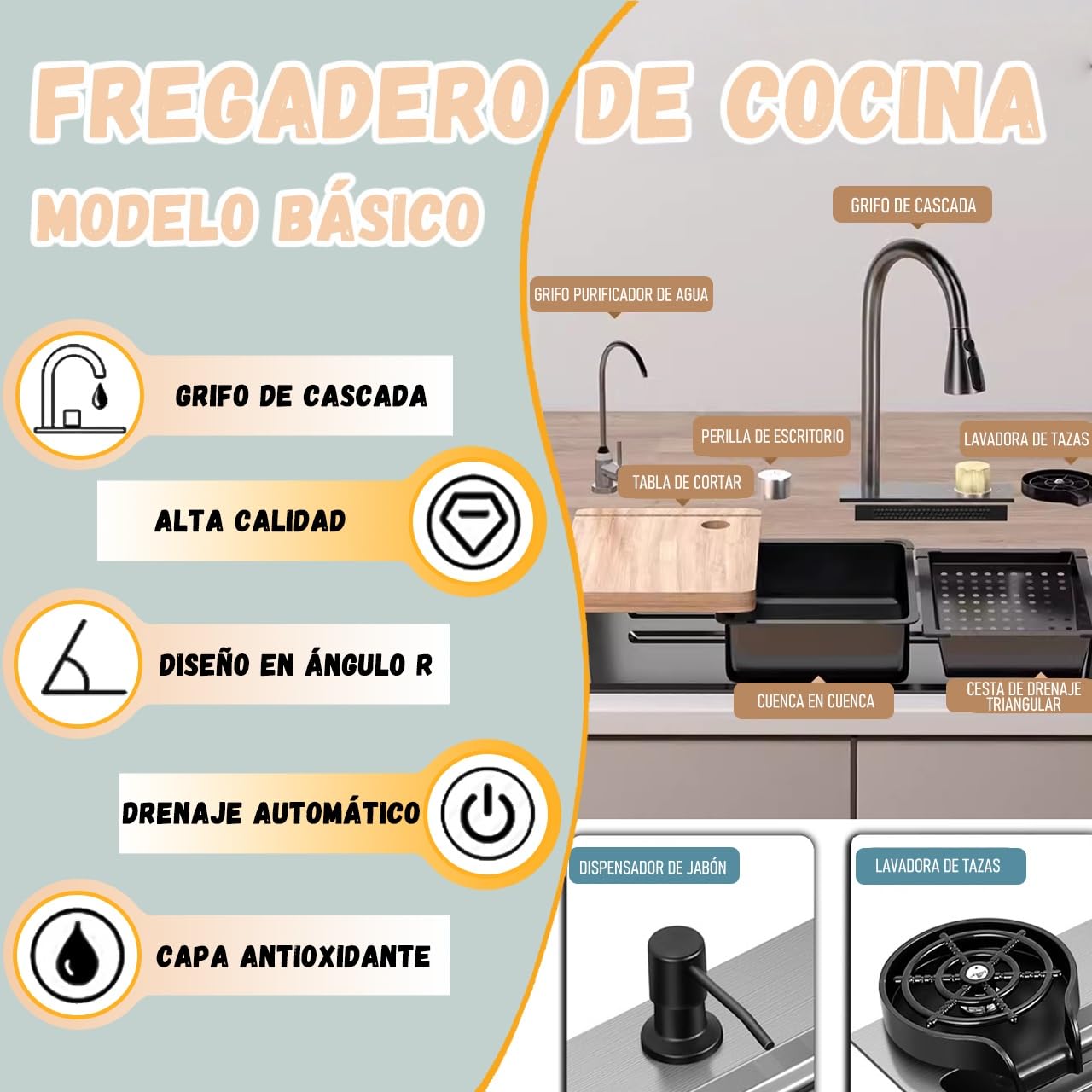 Negro con Cascada, grifo monomando LED de Acero inoxidable para lugar de Trabajo, Tabla de cortar móvil y fregadero con desagüe, Moderno multifuncional (Negro#01A, 70x50cm)