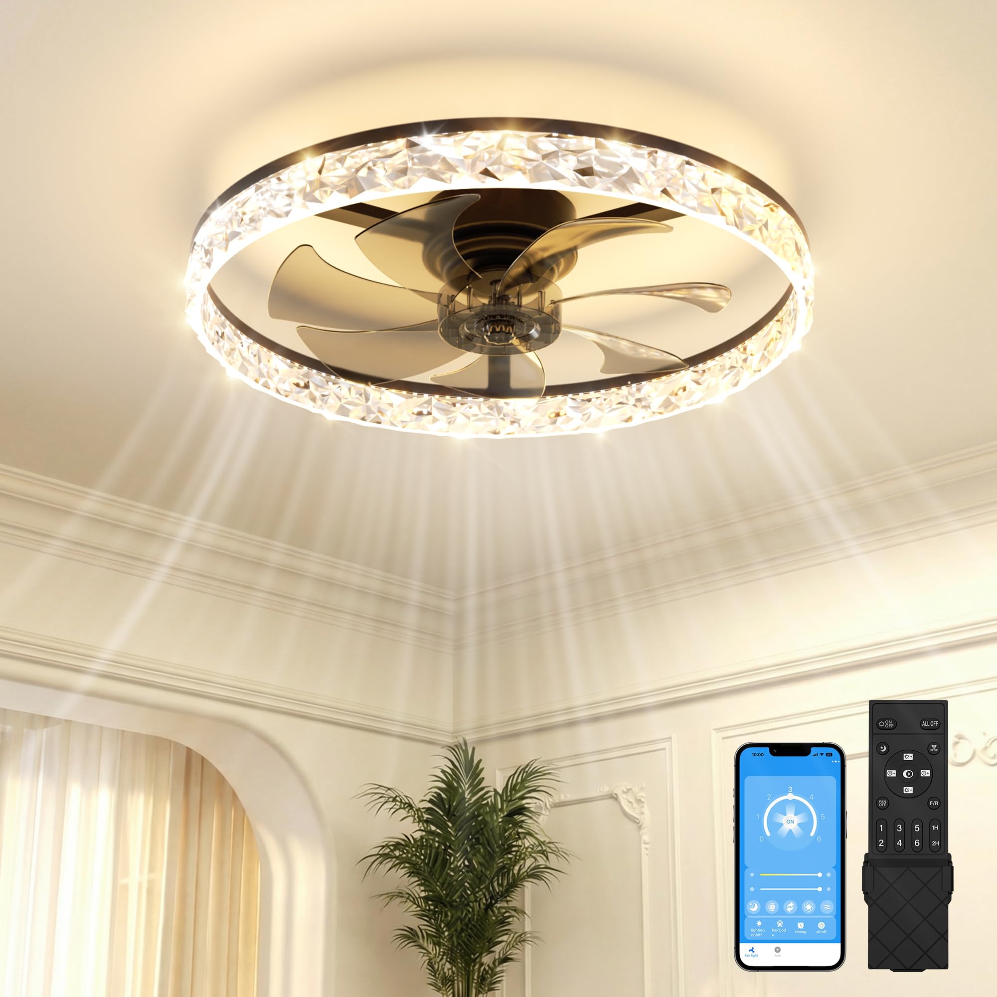 volisun low profile ceiling fan with lights and remote, no assembly, 24in modern ceiling fans flush mount, 3000k-6500k dimmable bladeless led fan light, black fandelier ceiling fans for bedroom