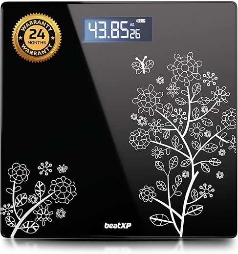 beatXP Floral Digital Bathroom Weighing Scale with LCD Panel & Thick Tempered Glass, Electronic Weight Machine for Human Body – 2 Year Warranty