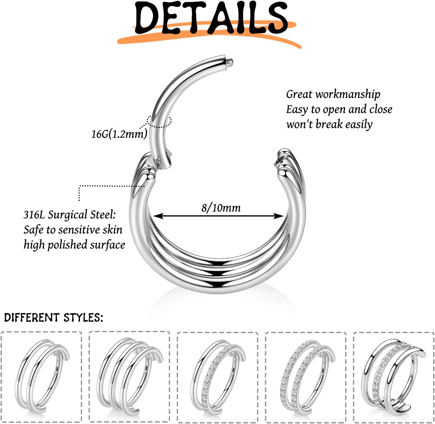 FUNLMO 316L Surgical Steel Conch Helix Piercing Jewelry Cartilage Hoop Earring Septum Ring Nose Ring Rook Lobe Daith Tragus Piercing Jewelry 16G Double/Triple Hoop - Image 2