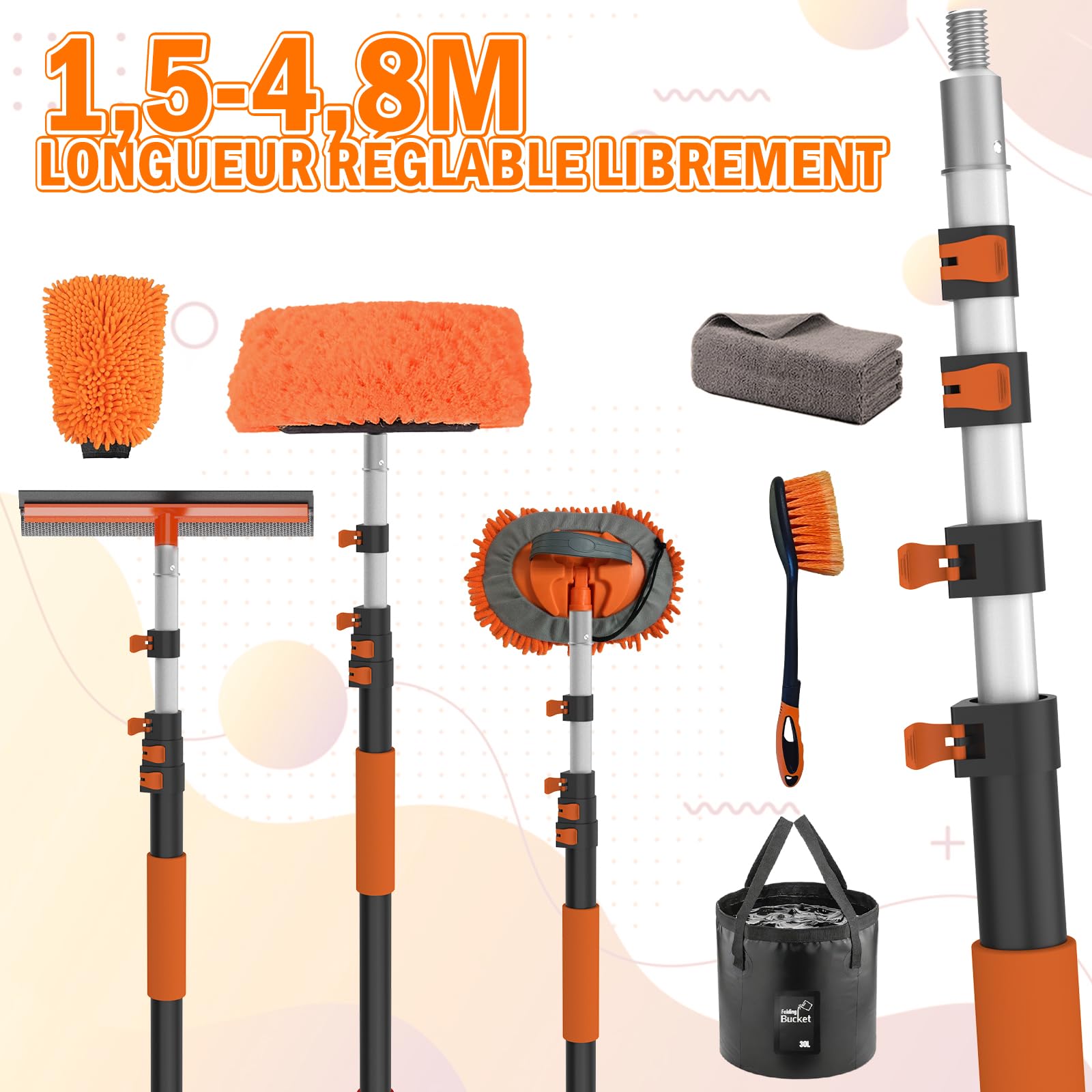 LAANPOLE Brosse Nettoyage Voiture avec Perche Telescopique 4,8m, Brosse Lavage Voiture avec Brosse Douce, Serpillière en Microfibre, Raclette Vitre, Gant, Brosse Jantes pour Camping-Car, Camion