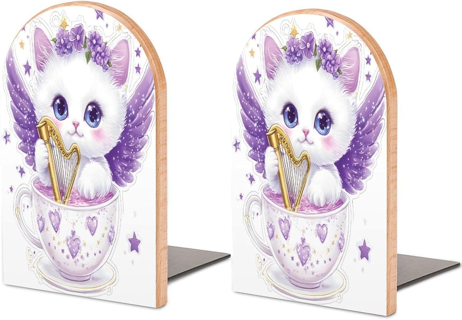 Wood Bookends 2 Pack, Cat Cute Kitten Purple Wings Non-Skid Heavy Duty Bookends for Shelves & Desks, Decorative Book Holders/Supports for Home Office/Library/School, 5x3x3.9 Inch