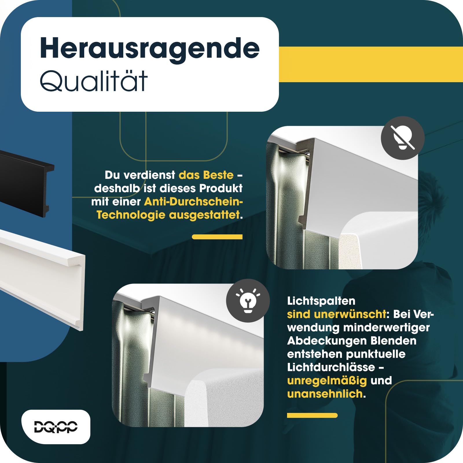 DQ-PP 8m GARDINENBLENDE – 100 x 27mm – Weiß – 4 x 2m – Polystyrol Vorhangleiste – Indirekte Beleuchtung – XPS Stuckleiste