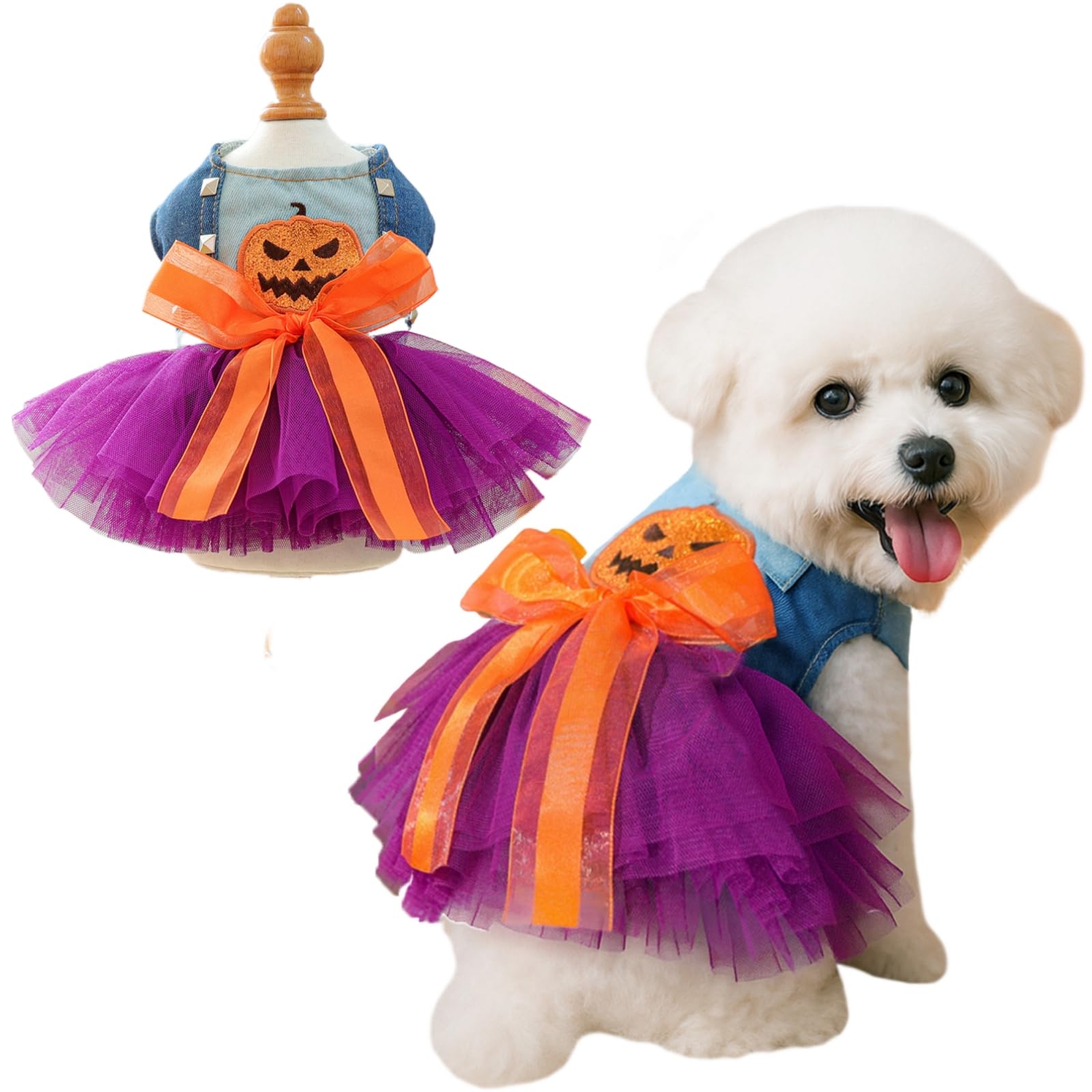 Yaopelky Dog Halloween Tutu Dress Holiday Dog Clothes for Small Medium Pets Pumpkin Pattern Cat Outfits with Denim Top Purple Tulle Skirt with Orange Bow Pet Costume (Pumpkin