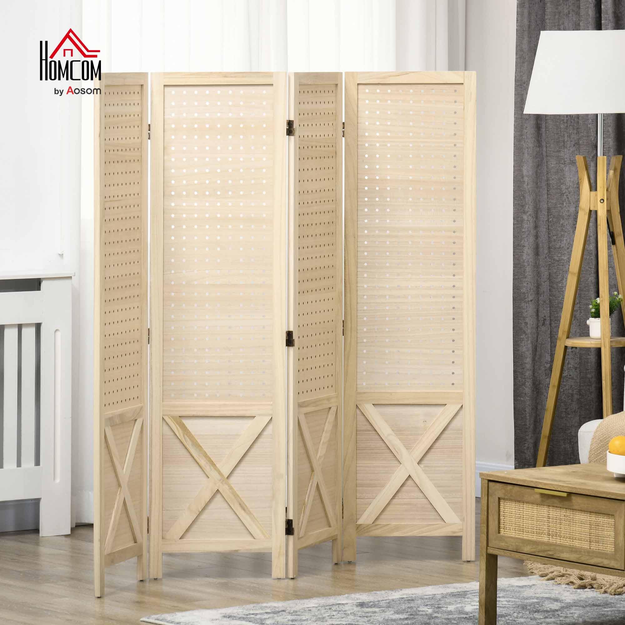HOMCOM Paravent Intérieur en Bois 4 Panneaux 152 x 144,5 cm Bois Naturel | Panneau Perforé, Séparateur de Pièce Pliable, pour Salon, Chambre à Coucher, Maison