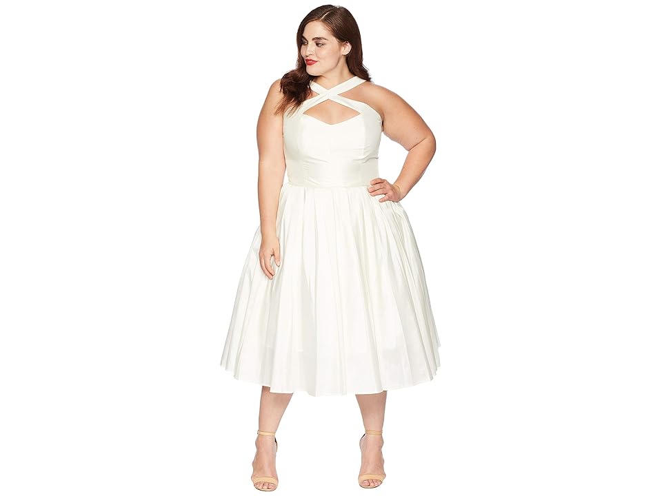 

Unique Vintage Plus Size 1950s Style Taffeta Cross Halter Joy Party Dress (Ivory) Women's Dress