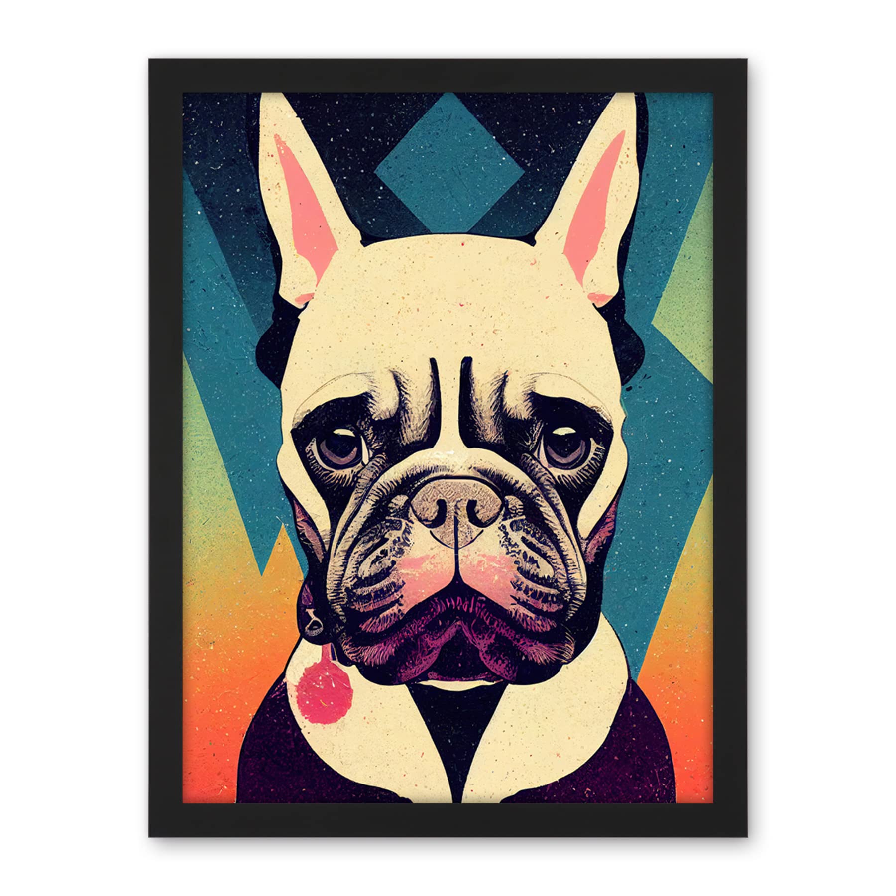 Wee Blue Coo French Bulldog Portrait Geometric Pastel Modern Illustration Artwork Framed Wall Art Print 18X24 Inch