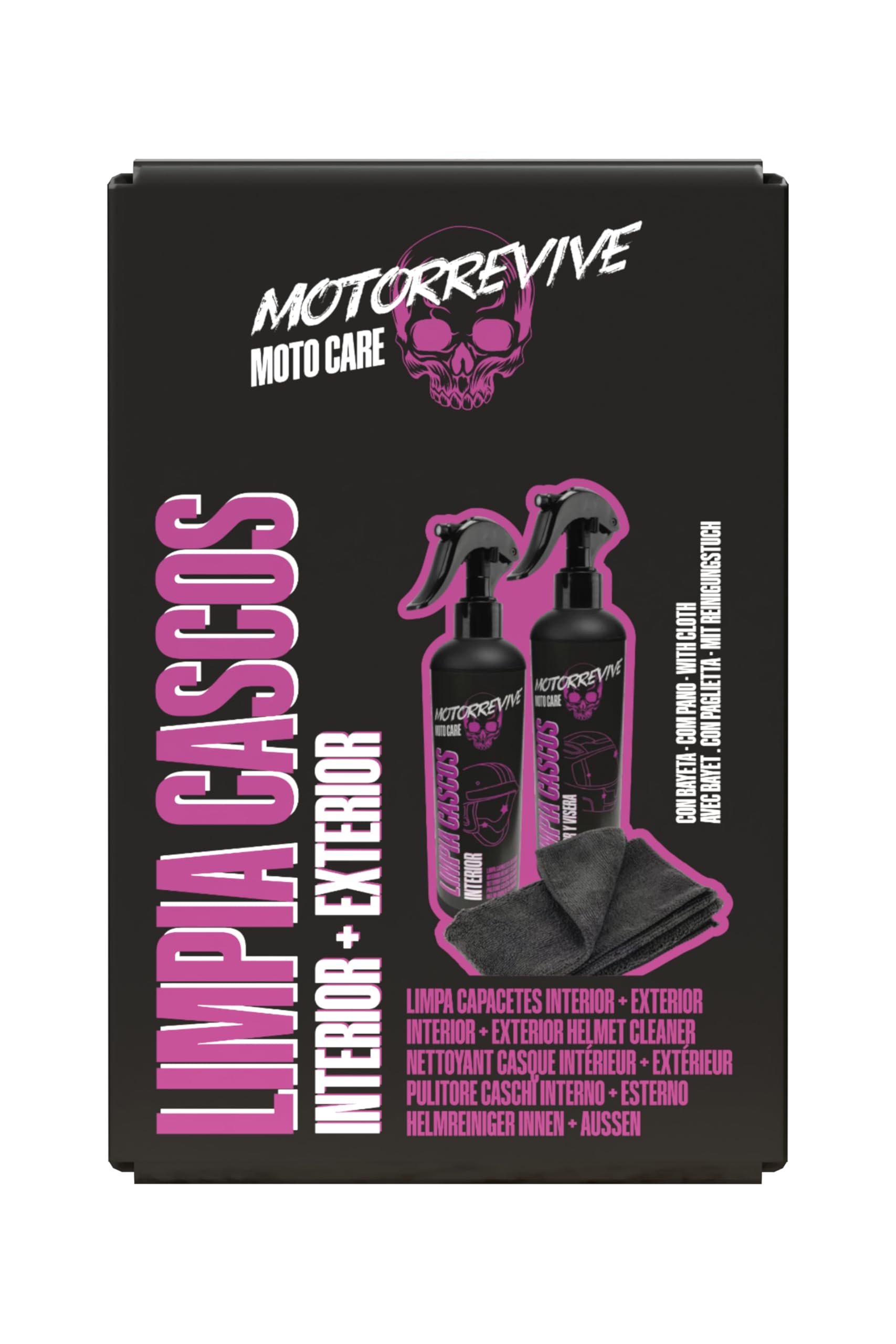 Pack Limpieza de Cascos de Moto 200 + 200 ml. Spray limpiador Interior + Exterior y Visera + Bayeta de Microfibra. Higiene Completa y Cuidado Profesional para Casco de Motocicleta