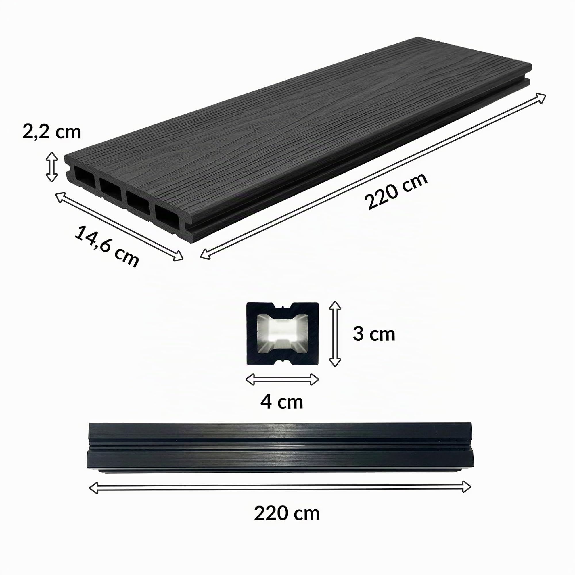 KARAT Lames de terrasse WPC Crown 220 × 14,6 cm – kit Complet 2 m² à Structure alvéolaire, avec sous-Structure & matériel de Montage, résistantes aux intempéries & aux UV (Anthracite, 220 × 14,6 cm)