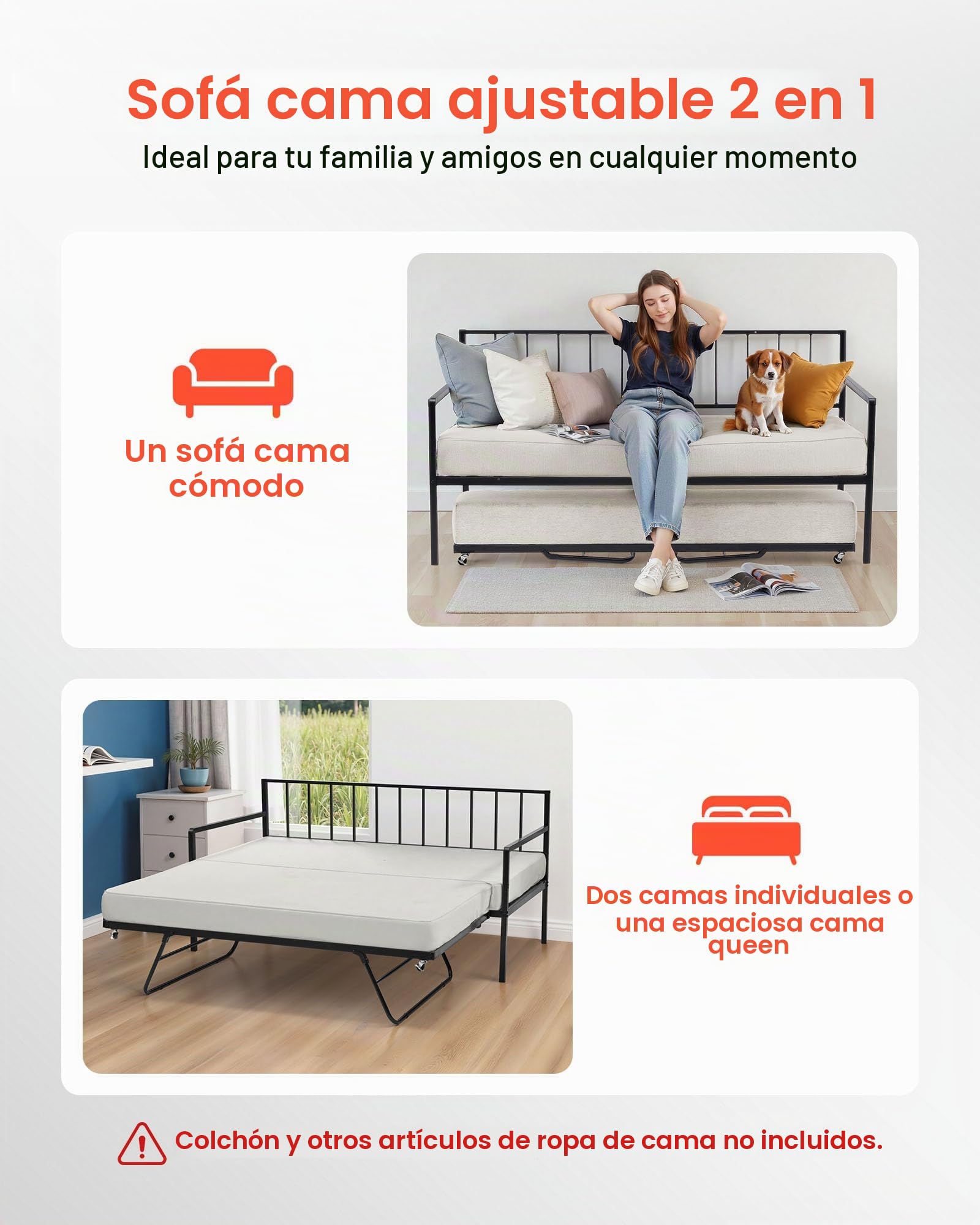 VEVOR Estructura de Sofá Cama de Metal 196x98x96,5 cm Marco de Cama de Día con Estación de Carga LED Carga de 181,44 kg para Apartamento, Sala de Estar, Dormitorio, Habitación de Invitados, Negro
