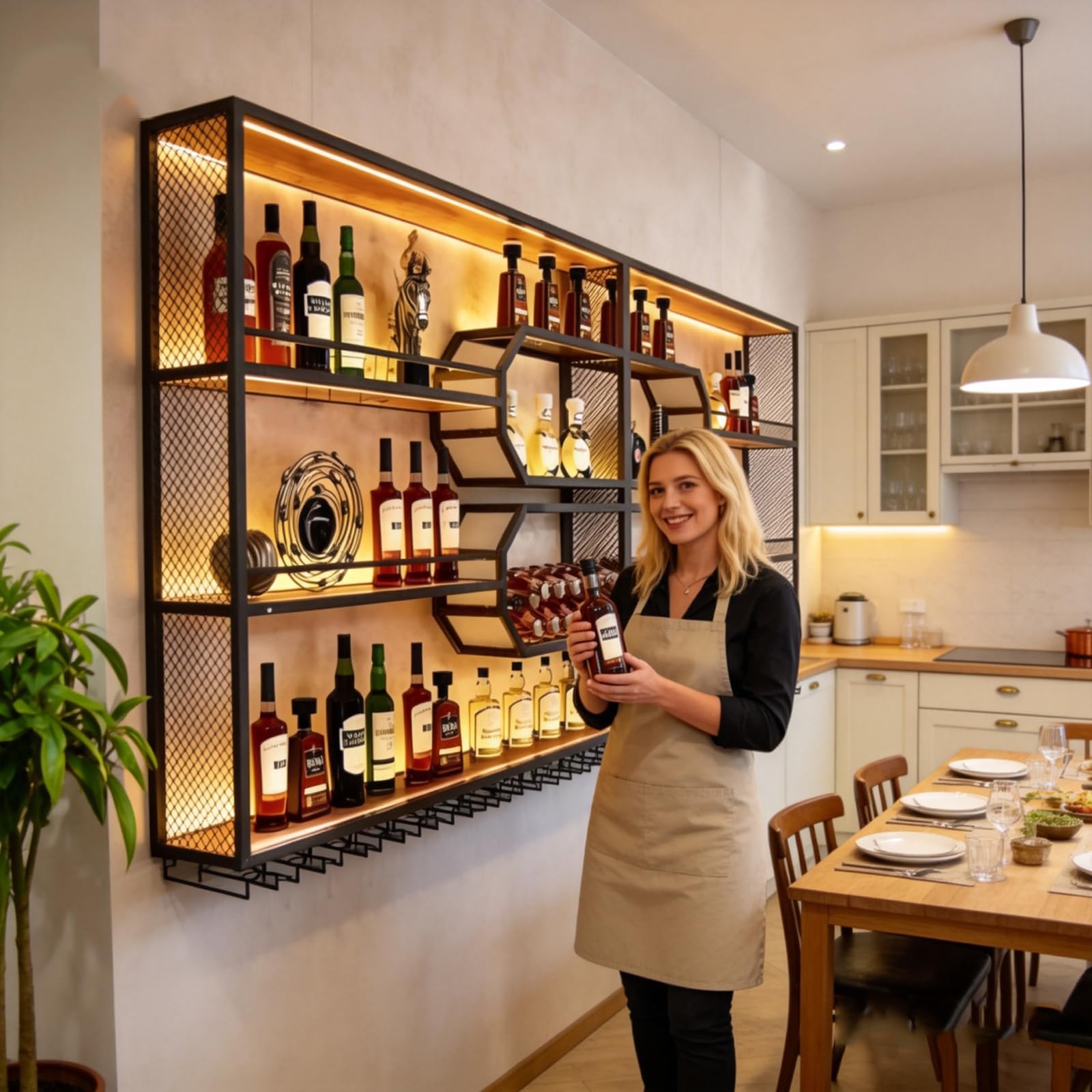 241cm Botellero Pared 4 Niveles LED y Copas Hierro Madera | Estante colgante hierro madera 4 niveles, tira LED cálida, soporte copas, 70 lbs/capa, fácil montaje, decoración bar